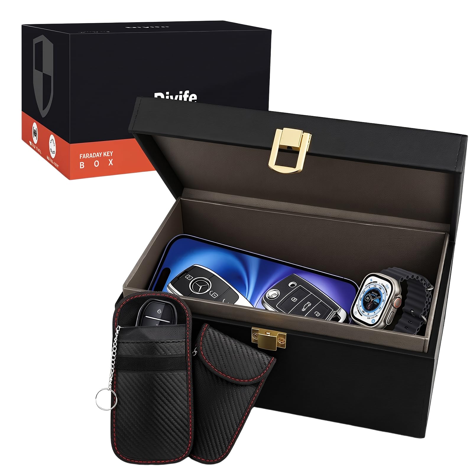 Skrzynka na Kluczyki Samochodowe Faraday Box (XL) z 2 Grubszymi Woreczkami, Ochroną Keyless Go, Skrzynka Ekranująca Sygnał RFID dla Kluczyków Samochodowych, Kart Kredytowych, 22 x 13 x 10,3 cm