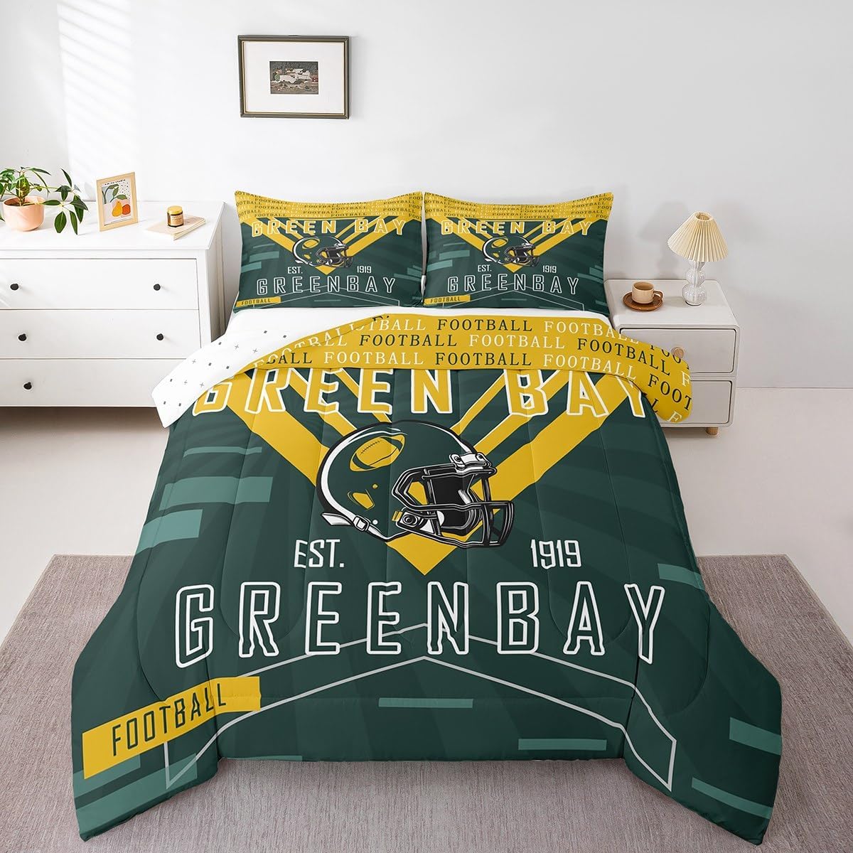 Feelyou Football Bedding Set Boys Girls Queen Size Comforter Set Sports Themed Women Men Football City Duvet Quilt Rugby Sports Green Yellow Room Decor