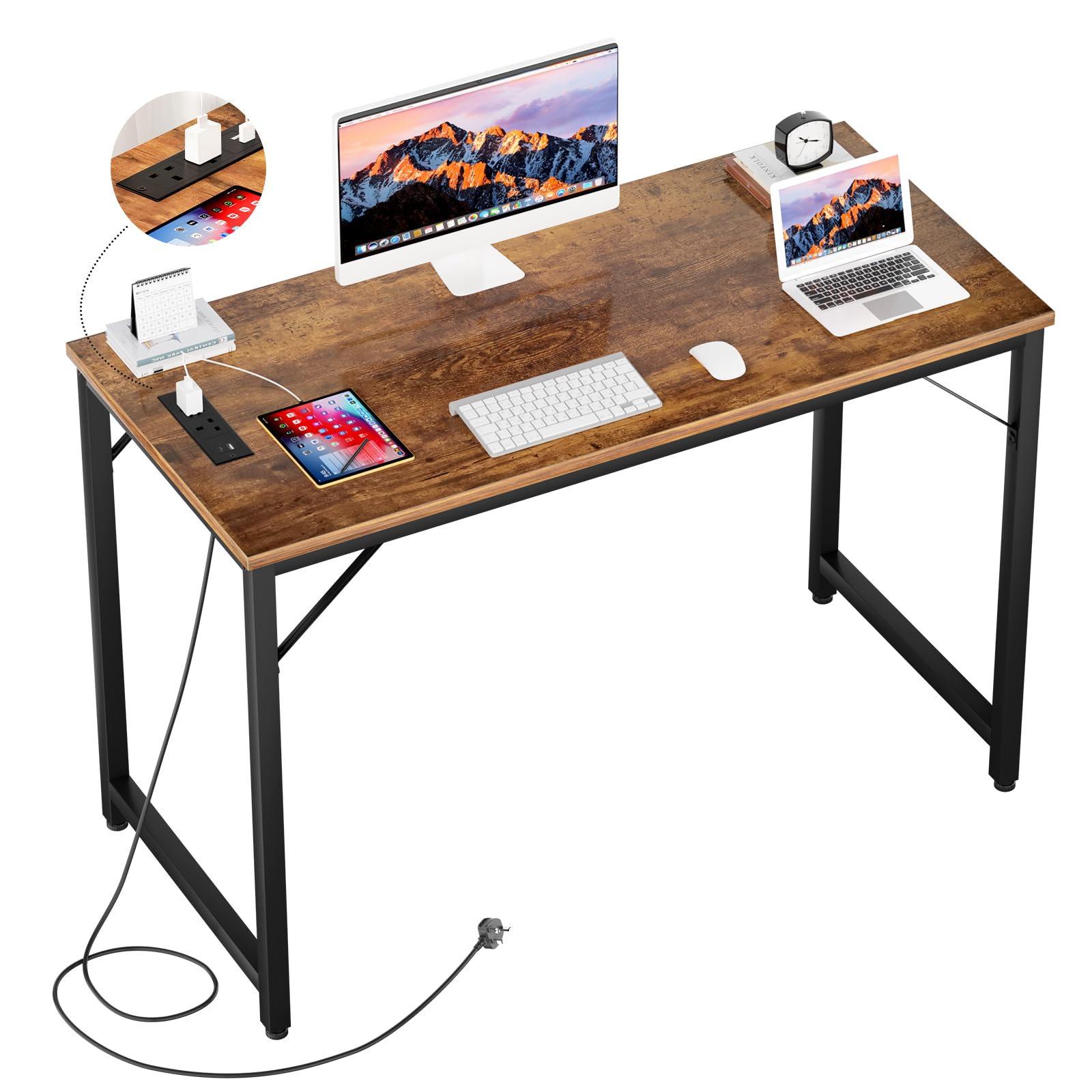 iSunirm 32 inch Computer Desk with Power Outlets, Rustic Brown Small Desk for Small Spaces, Compact Home Office Desk, Industrial Study Writing Table for Bedroom, Kids, Teens, Boys