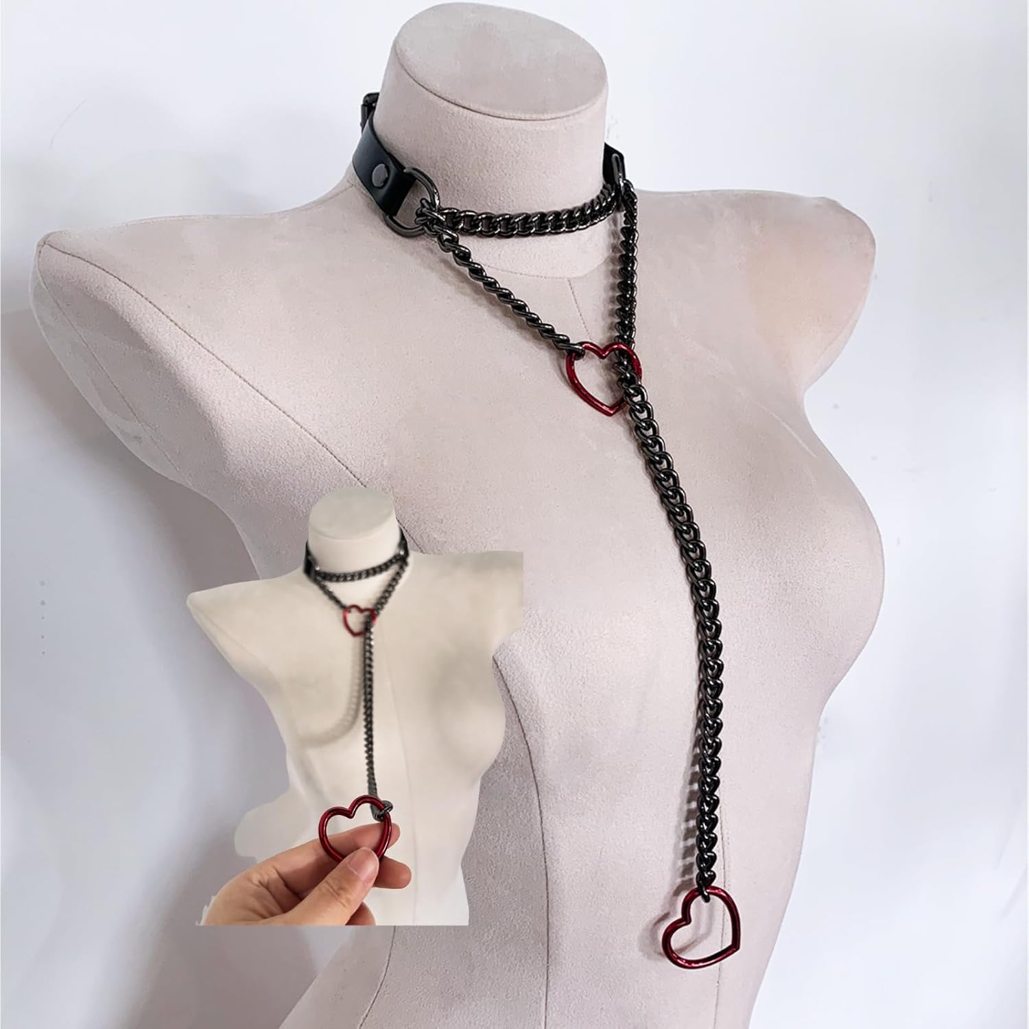 Handmade Black Heart Choker Collar For Women, Punk Gothic O-ring Slip Chain Necklace with Adjustable Vegan Leather Buckle - Image 3