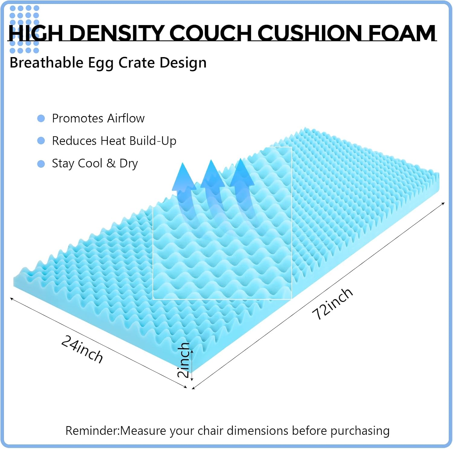 Gerrii 72" x 24" x 2" Couch Cushion Replacement Foam Pad, High Density 3.0 Density 44 Ild Egg Foam for Sofa Sagging Repair, Breathable Support Cut to Size for Couch, Upholstery, Mattress & DIY