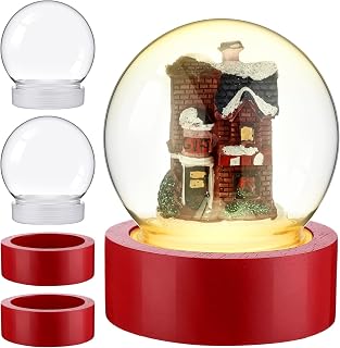 Irenare 2 Set Christmas DIY Snow Globes Set Warm Light Make Your Own Snow Globe with LED Light Red Wooden Base Clear Plastic Globe Kit for Christmas Decor Gift