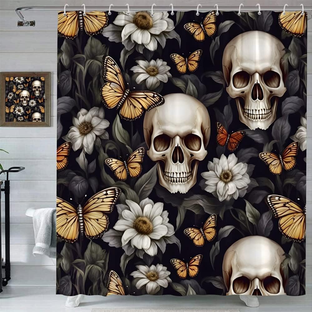 Halloween Skull Flower Shower Curtain Vintage Sugar Skull White Daisy Floral Butterfly Gothic Skeleton Day of The Dead Scary Black Tropical Plant Men Fabric Bathroom Decor Polyester with Hooks