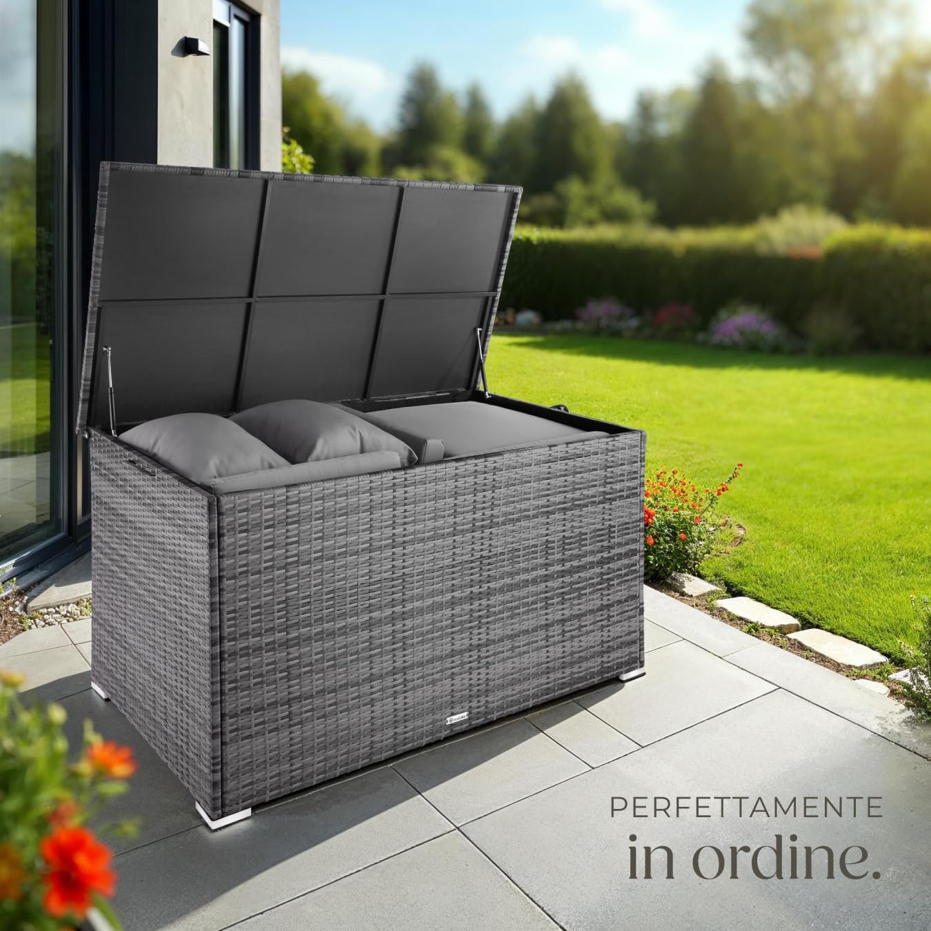 tectake Box Contenitore da Esterno 750L, Mobile da Giardino in Polyrattan e Alluminio, 145 x 82,5 x 79,5 cm - Grigio