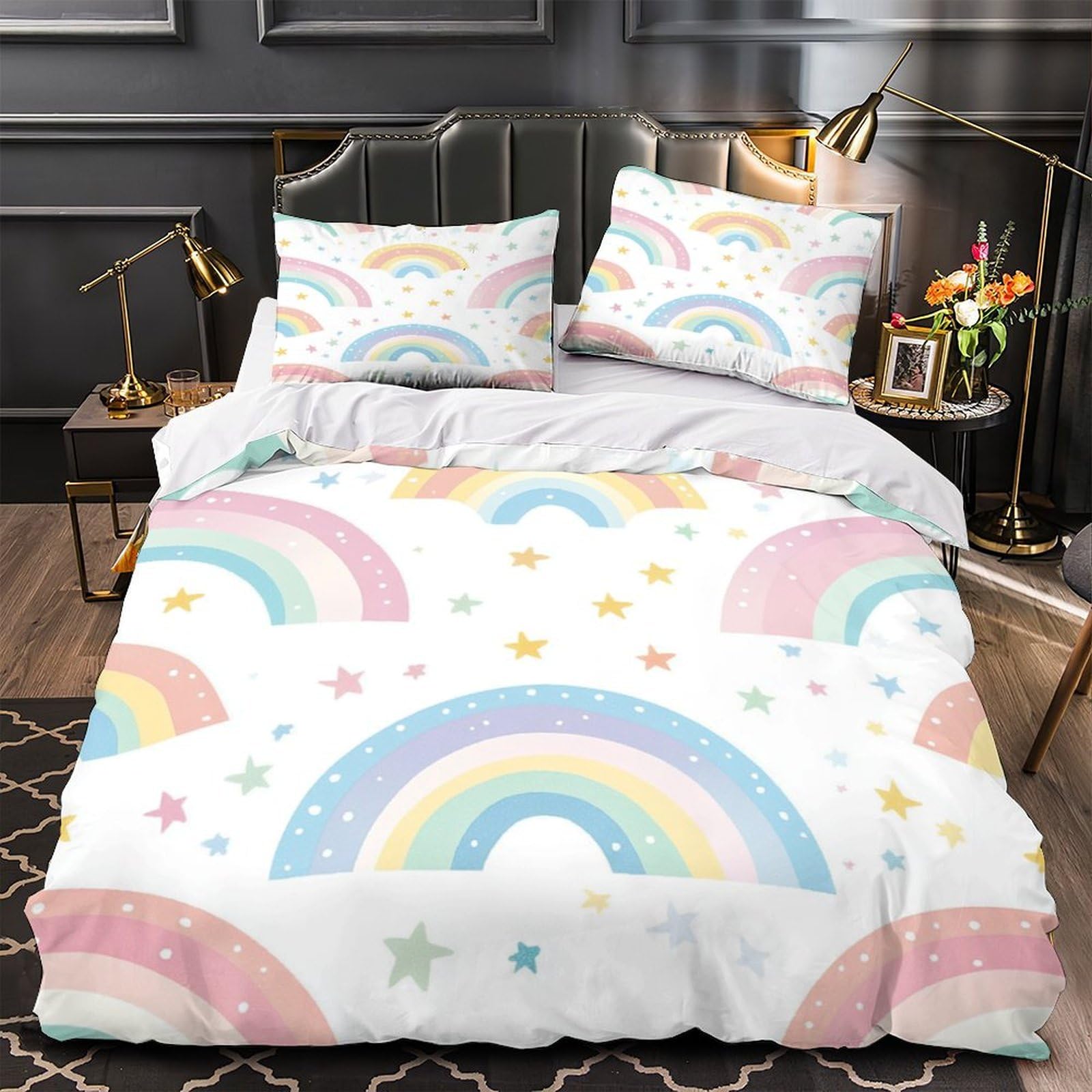 Housse de couette hypoallergénique motif arc-en-ciel 3D pastel pour lit double