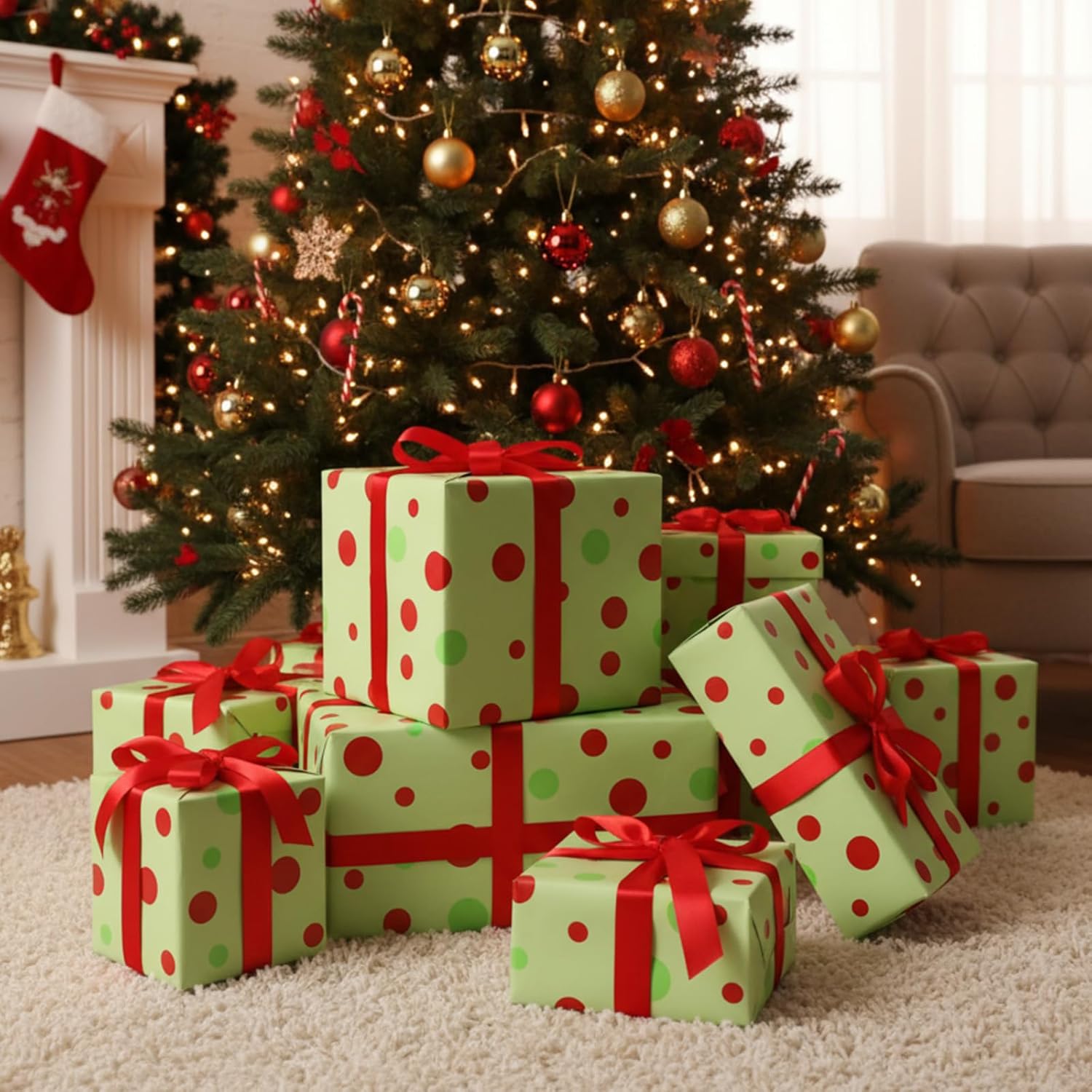 Feifeiya Christmas Gift Wrapping Paper Roll, 2 Pcs 17.5'' x 33' Wrapping Paper Roll, with 1'' x 25 yd Stain Ribbon(Polka Dot,Red and Green)