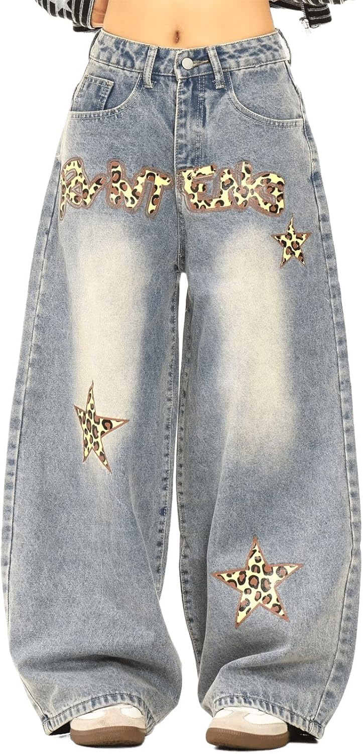 Women's Distressed High-Rise Baggy Wide-Leg Jeans Retro Hip-Hop Leopard Star Letter Patch Washed Denim Pants