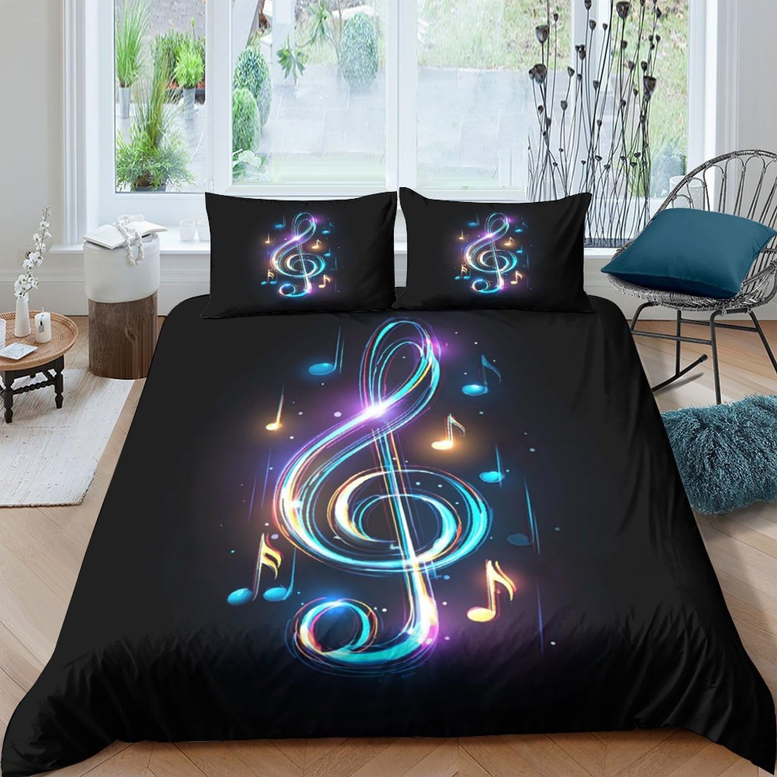 Ctjqhvkz Style-6 3D Printed Neon Music Note Fitted Sheet Microfiber Soft Black Bed Cover For Bedroom Dorm Mattress Protection Decor Single（135X200cm）
