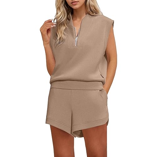Women Two Piece Outfits Half Zip Sweatshirt Shorts Set Cap Sleeve Sweatshirt High Drawstring Waist Shorts Lounge Set