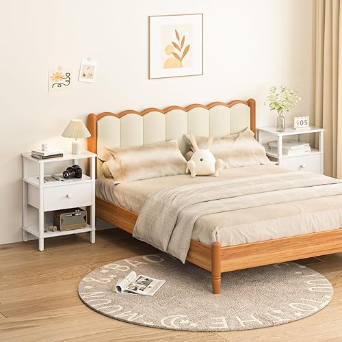 Miniatura 4 de Lerliuo Juego de 2 mesitas de noche con estación de carga y puertos USB, mesa auxiliar de almacenamiento de 3 niveles con estante para cajones,