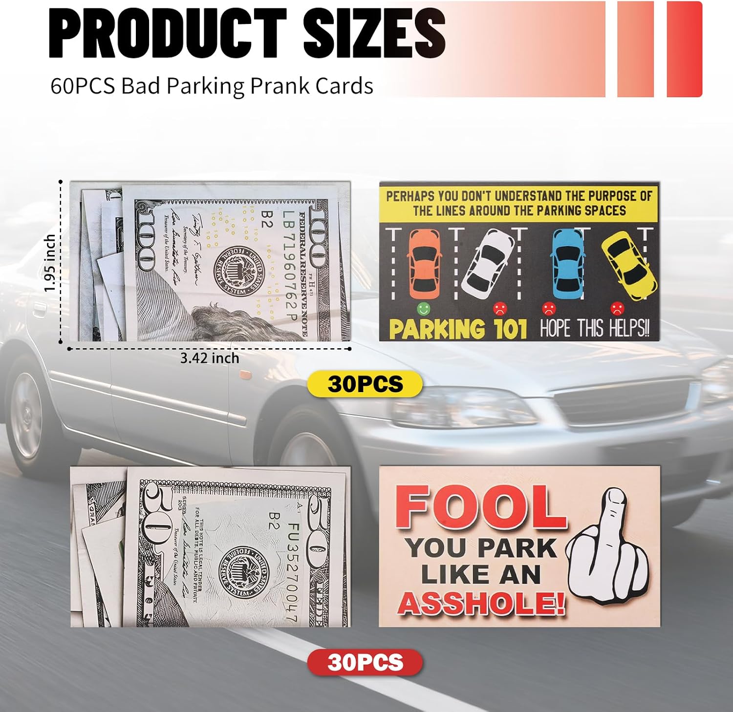 60PCS 3x2" Funny Bad Parking Cards,You Parked Like an Assholé Cards with Realistic 50/100 Dollar Bill Design,Universal Bad Parking Stickers for Under Doors/Wiper Arms
