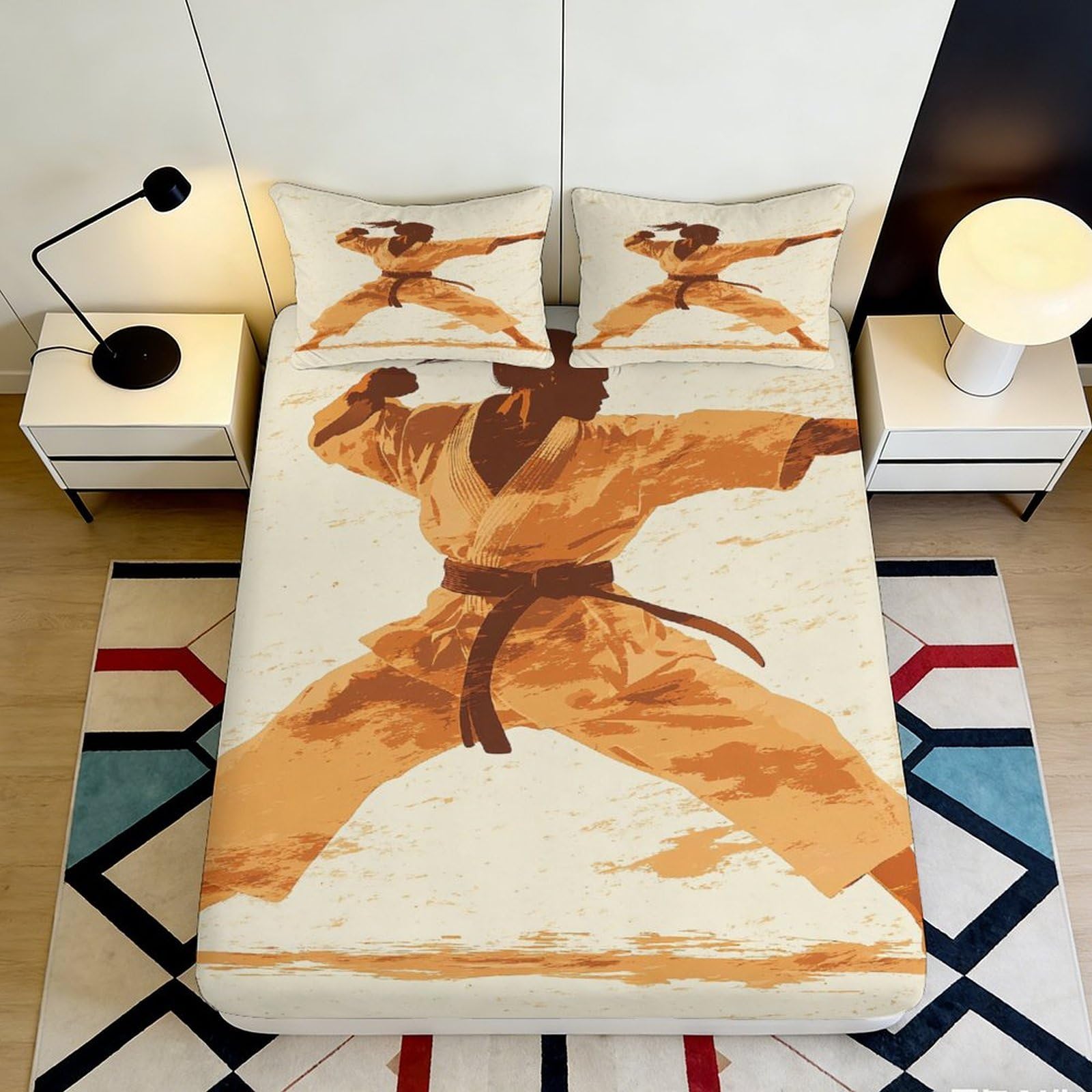 3D Printed Karate Martial Arts Fitted Sheet Microfiber Soft Breathable Fighter Bed Cover for Bedroom Guest Room Decor 90x200x25cm