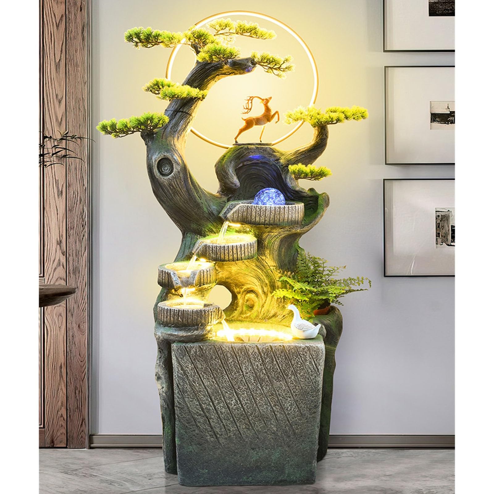 Fuente de suelo de pie para sala de estar, Adornos de agua que fluyen en el patio, fuente circulante, sala de estar Humidificador de agua circulante de alta montaña Oficina Recepción Decoración Fuente