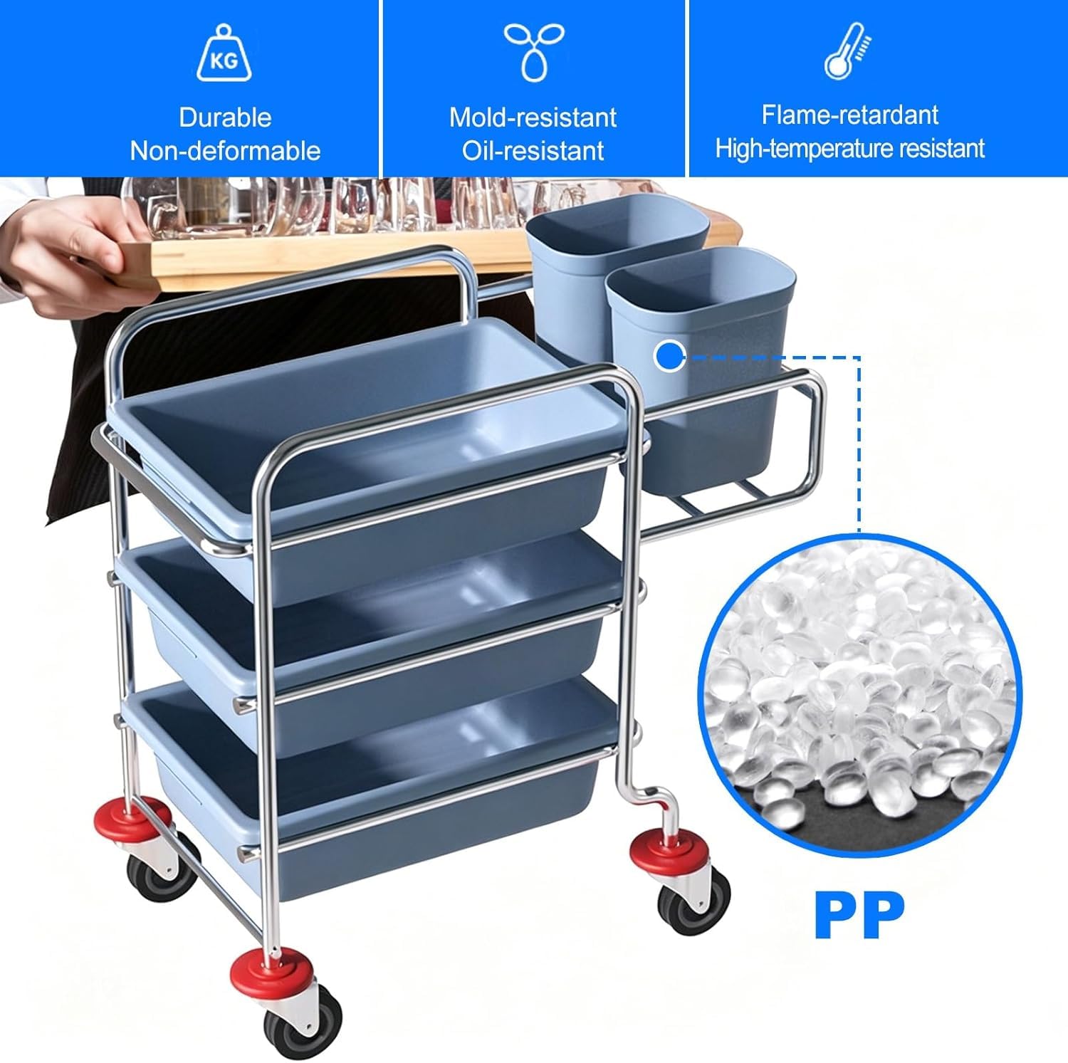Carrello di utilità Resistente a 3 Livelli, Carrello da Cucina in Acciaio Inossidabile con bidoni PP e Ruote bloccabili, Mobile Housekeeping Caddy per Il Ristorante dell'hotel