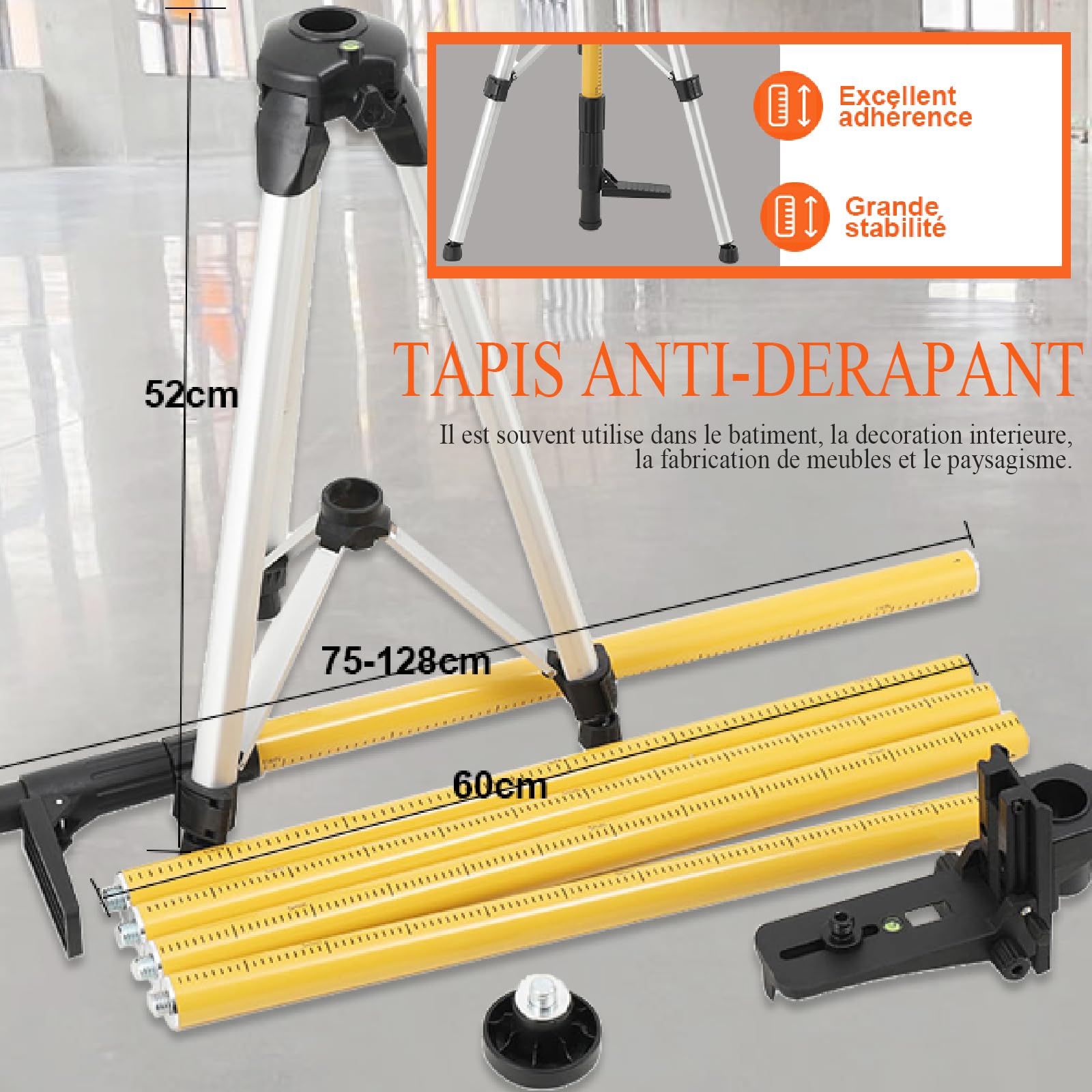 Perche télescopique 3,6m,Niveau Laser Perche Télescopique, Pôle de Montage Pour Laser Rotatif et Niveau Laser avec trépied avec Filetage Mâle 1/4-20 et Adaptateur Fileté 5/8-11