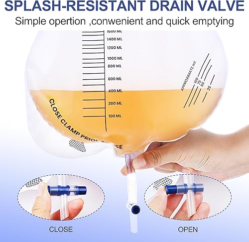 Miniatura 6 de Bolsa de drenaje urinario de 67.6 fl oz, bolsas de catéter con clips ajustables, cámara antirreflujo y tubo de 48 pulgadas, gancho colgante para uso