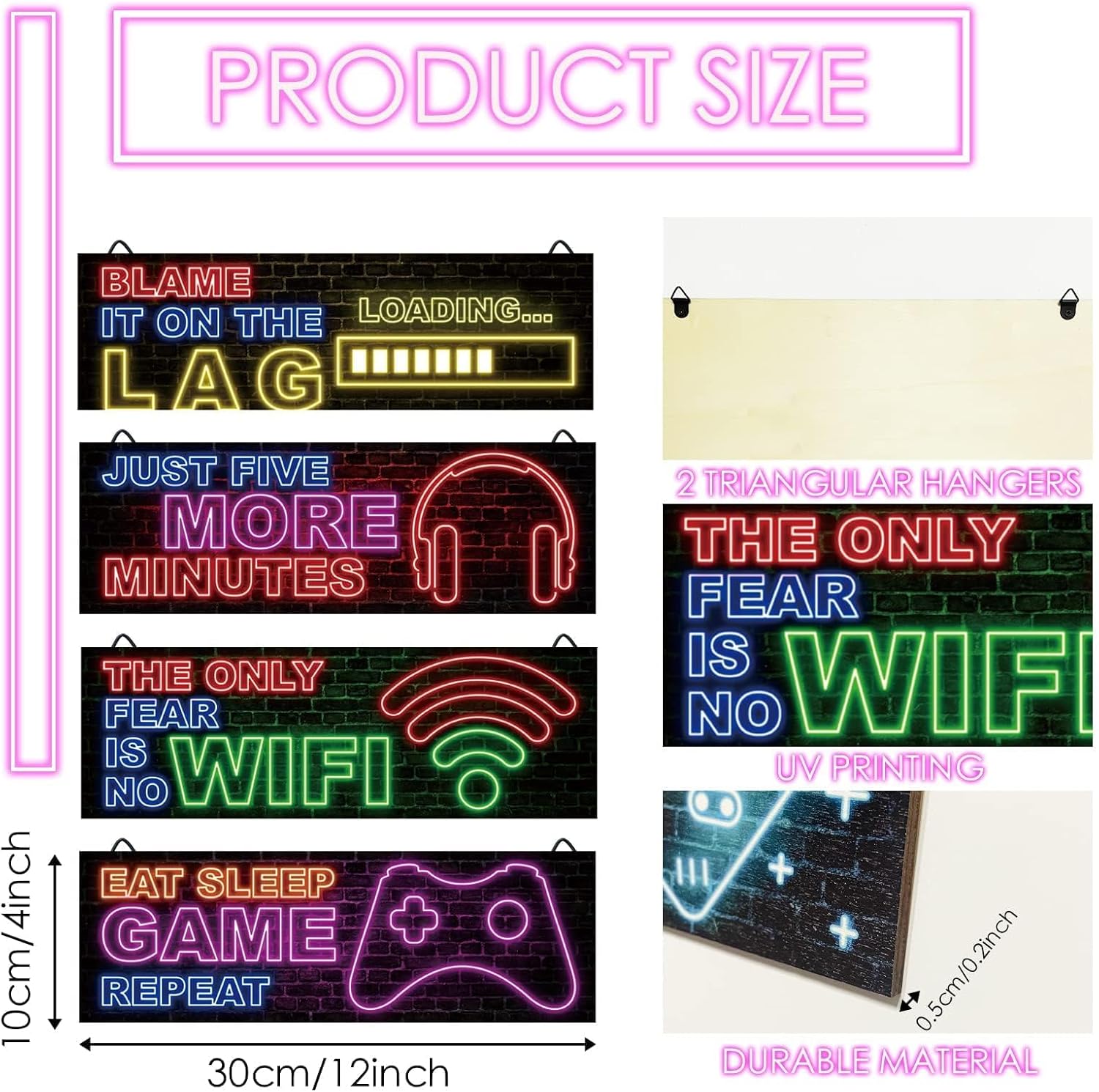 clothmile 4 Pcs Neon Gaming Decor for Boys Room Wooden Video Game Wall Art Motivational Quote Gamer Hanging Plaques Inspirational Wall Decor for Boys Kids Room Bedroom Playroom Decorations - Image 2