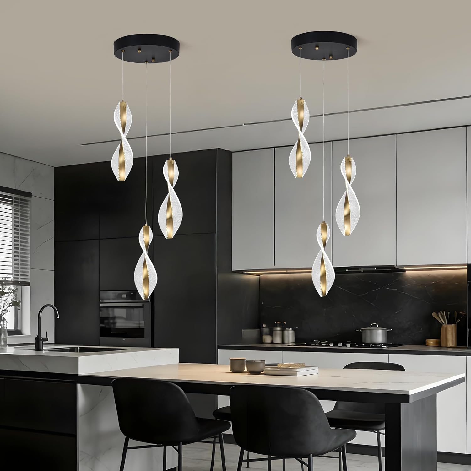 3 Light Modern LED Pendant Lights Kitchen Island, Dimmable Chandelier, Remote and App Control, 3000K-6000K Gold Acrylic Lighting for Dining Room Living Room