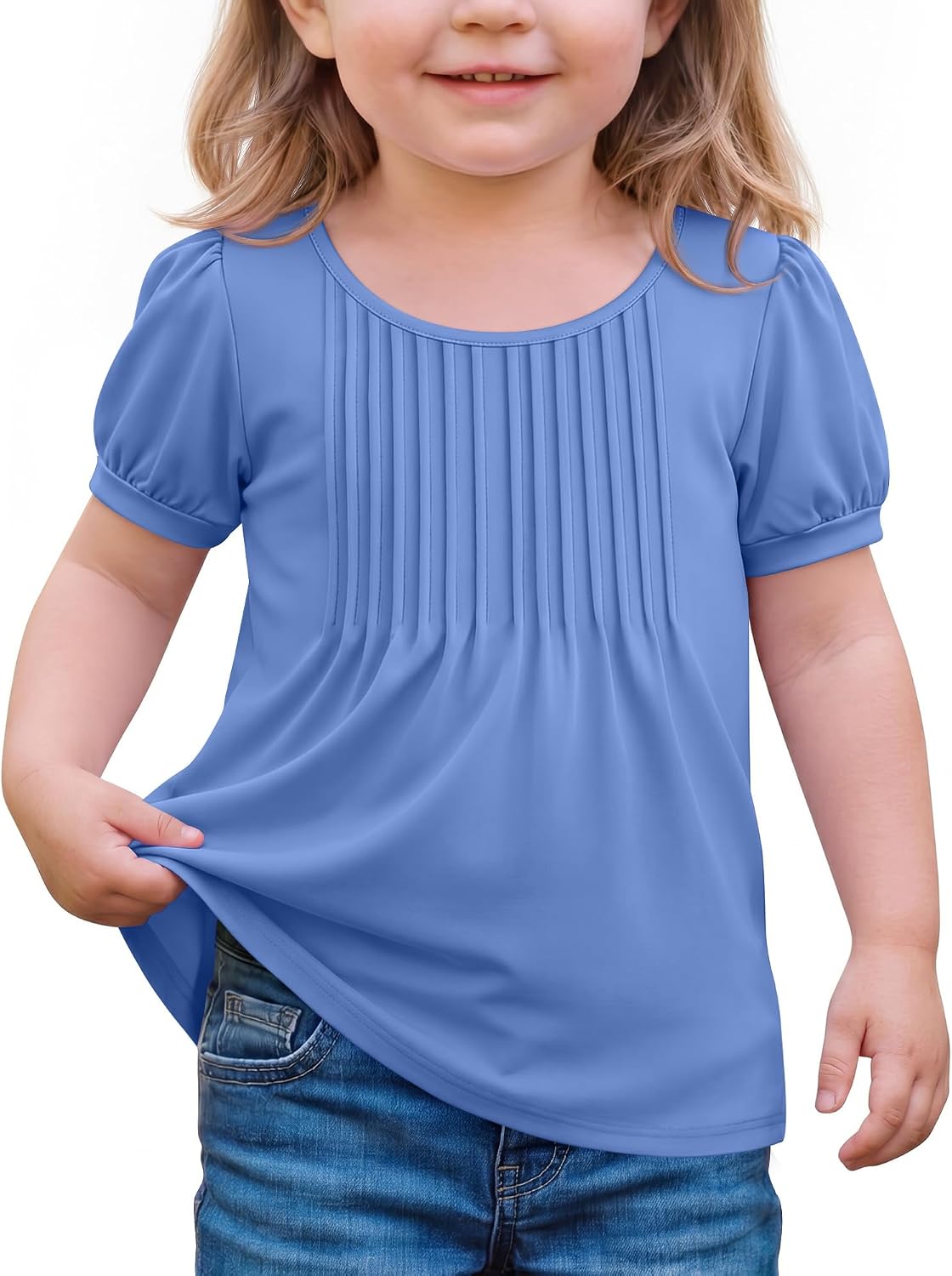 Ficerd Toddler T-Shirts Girls Short Sleeve Tunic Pleated Tees Baby Basic Casual Round Neck Kids Summer Loose Fit Soft Tops