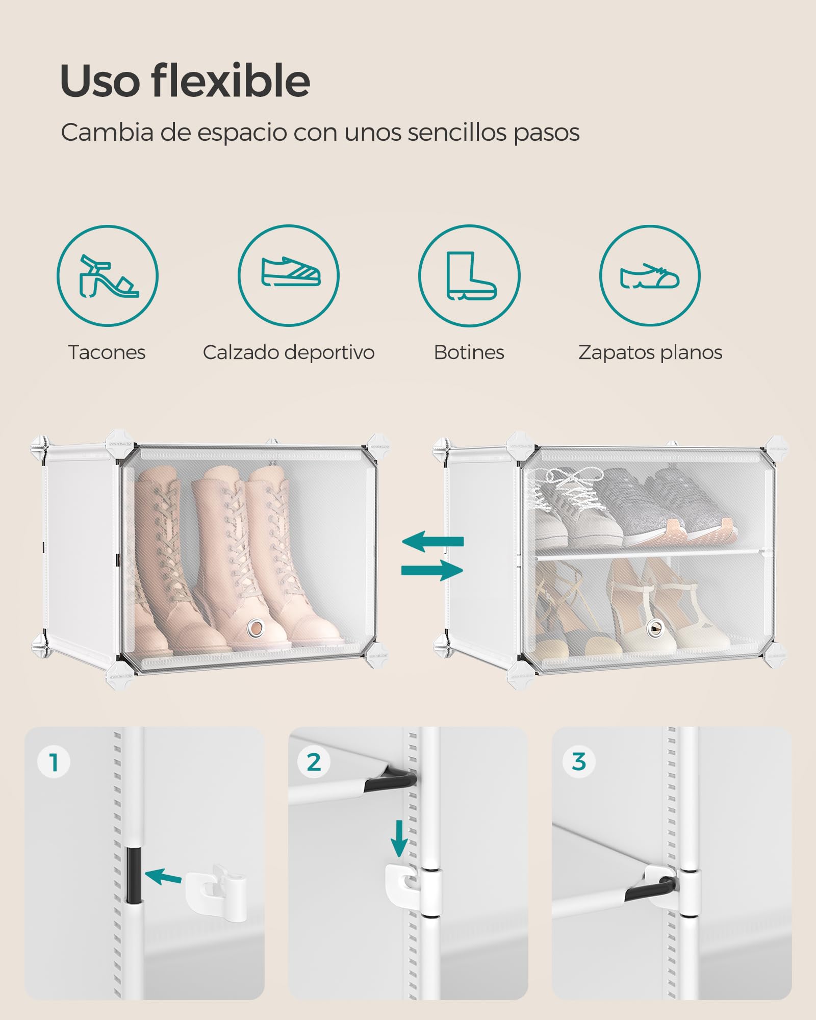 SONGMICS Mueble Zapatero Plástico, 12 Compartimentos para 48 Pares de Zapatos, con Puertas, Estructura de Acero y Estantes de Plástico, Armario para Dormitorio, Blanco Nube y Transparente LPC040W01