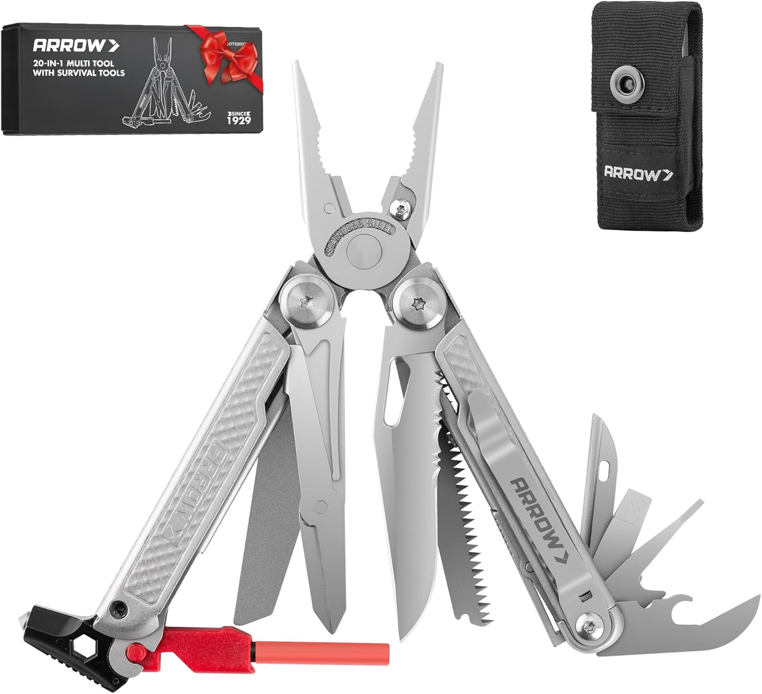 ARROW 20-In-1 Multitool, Stainless Steel Multitool Pliers with Fire Starter, Window Breaker, Whistle, EDC Multi Tool with Sheath and Pocket Clip for Outdoor, Survival, Camping, Hiking