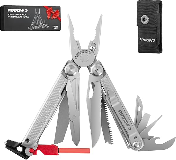ARROW Multitool 20 en 1, pinzas multitool EDC | Regalo para hombres, acero inoxidable, iniciador de fuego, rompeventanas, silbato, funda, clip de bolsillo, para exterior, supervivencia, camping