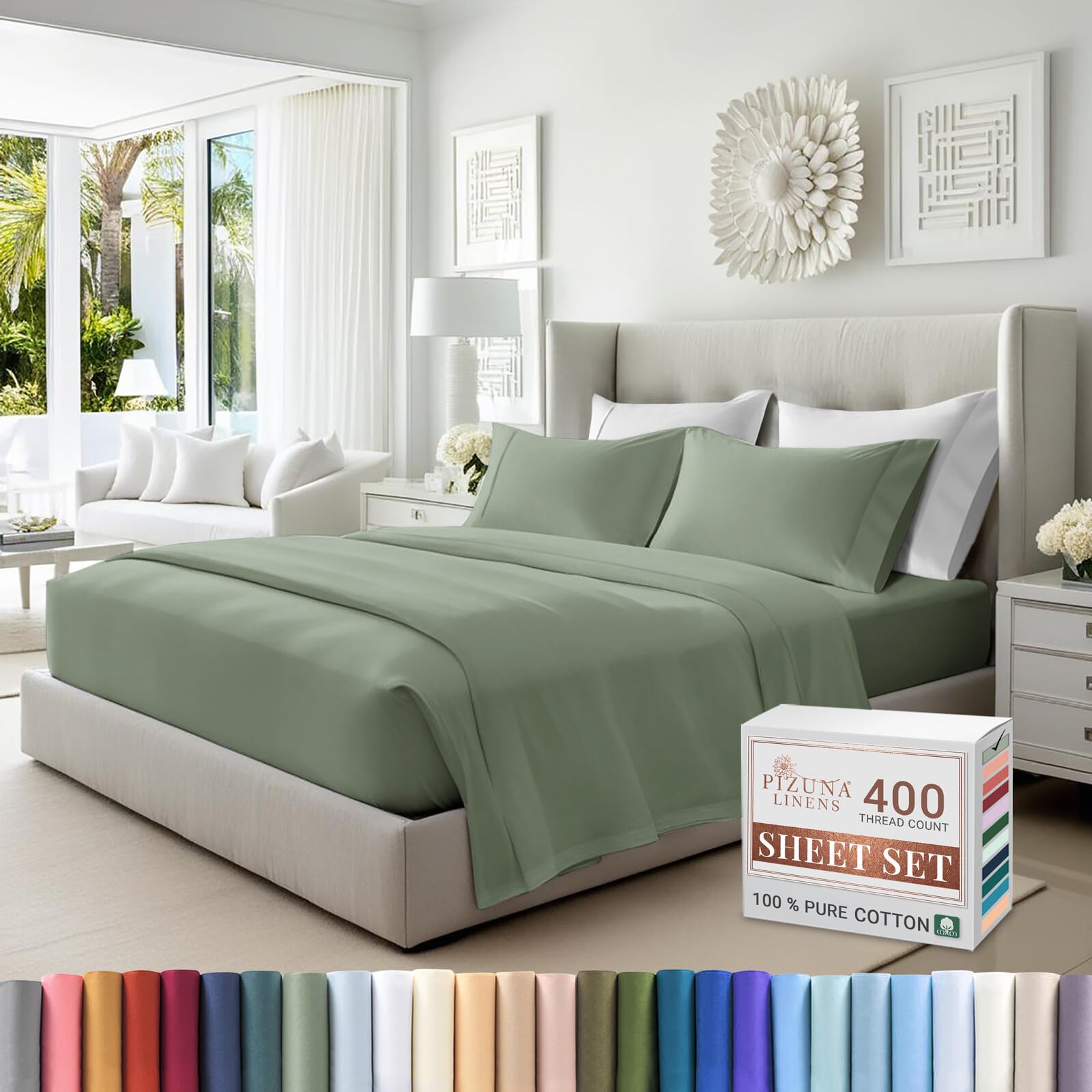 Pizuna Pure 100% Cotton King Size Bed Sheets Set Sage, 400 Thread Count Cozy Luxury Long Staple Cotton Sateen Weave Bedsheet Set (1 Flat Sheet, 1 Fitted Sheet, 2 Pillowcases)