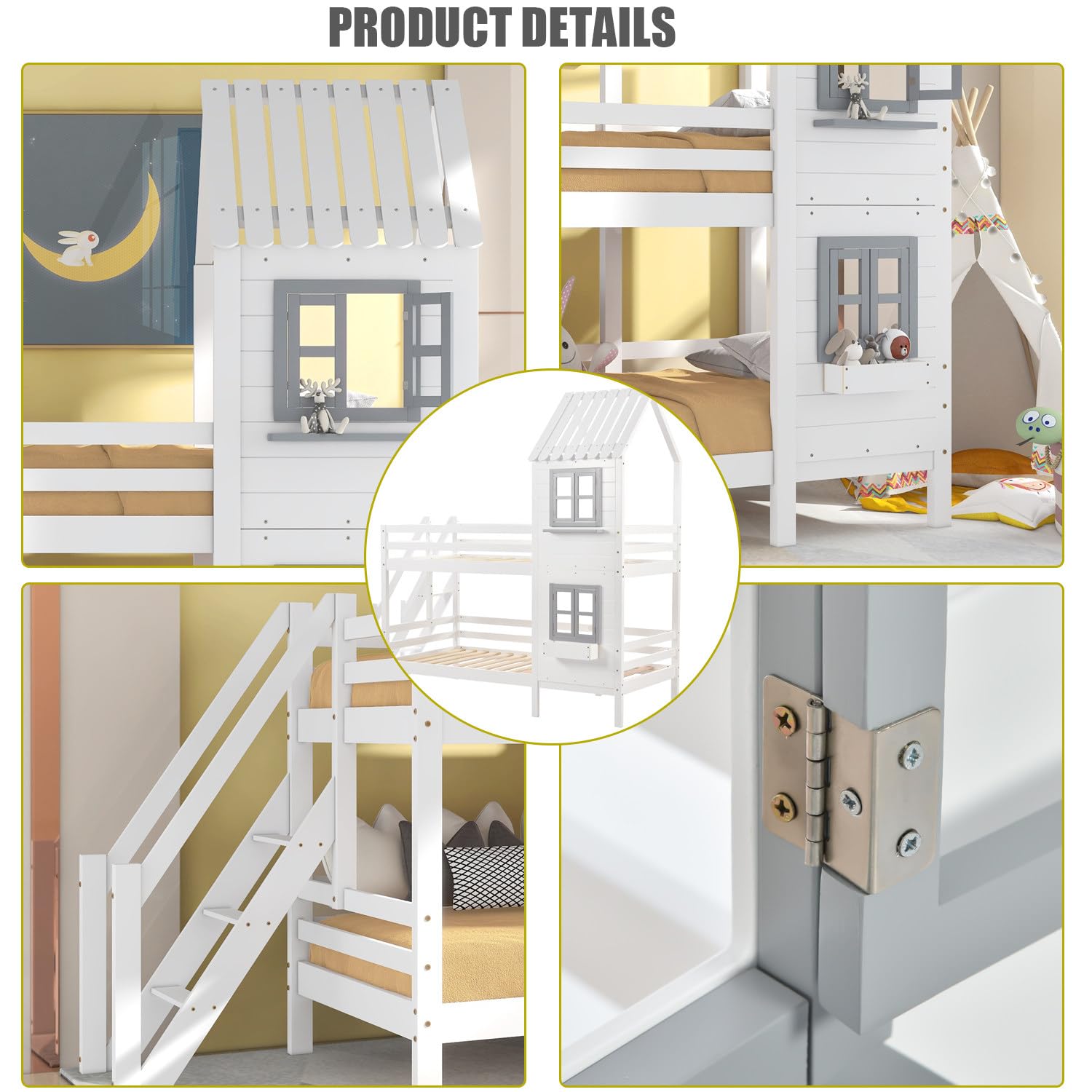 Baumhaus Kinderbett, Etagenbett mit Handlauf und Fenster, Hausbett, Kinderbett mit Fallschutz und Gitter, Rahmen aus Kiefer, Platzsparendes Design (90x200cm)