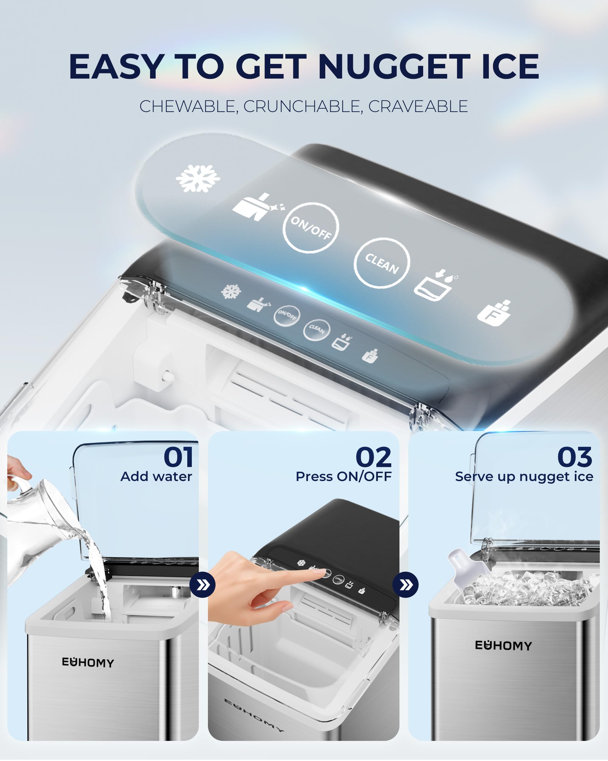 Euhomy Nugget Ice Maker Countertop, Max 40lbs/Day, Auto-Cleaning, 2qt Reservoir, Compact Sonic Ice Maker With 2.5lbs Basket And Scoop, Soft Chewable Nugget Ice For Home/Party/RV/Camping (Stainless) on Fridge.com - View 6