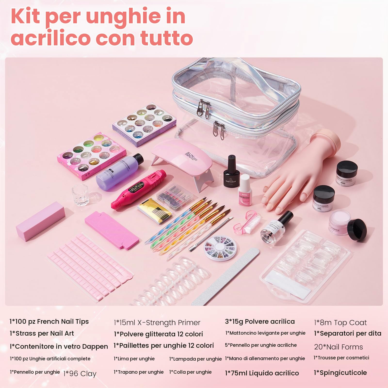 Deciniee Kit per Unghie in Acrilico: Set di Polvere per Manicure con UV-Lampada e Trapano Elettrico, Suggerimenti per Unghie Finte, Manicure, Set Completo di Strumenti in Borsa Regalo Argentata