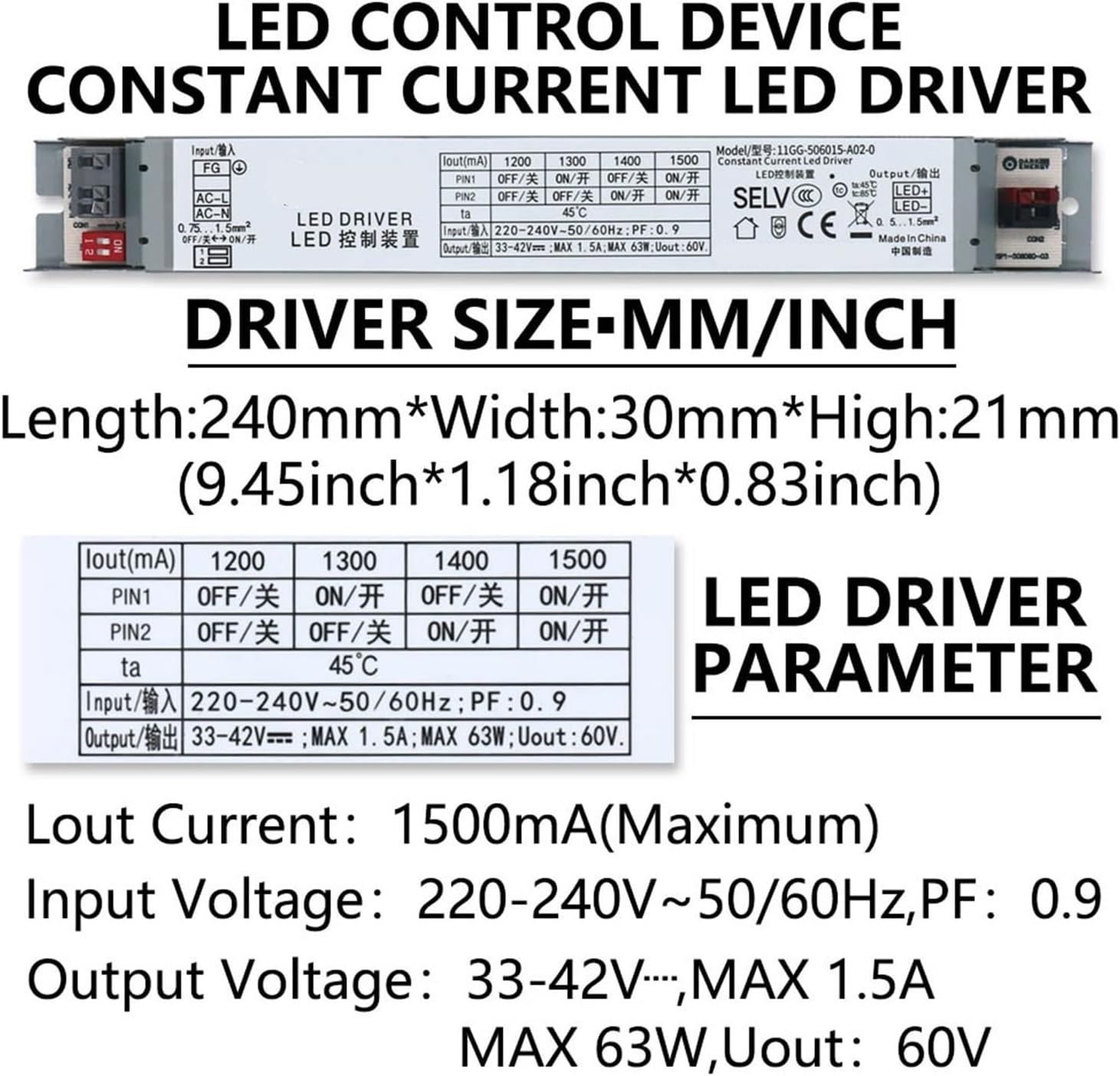 1PCS LED Power Supply DC33-42V Lighting Transformer 23W 31W 44W 63W 84W AC220-240V Adjustable Constant Current LED Driver(23.1W 550mA)