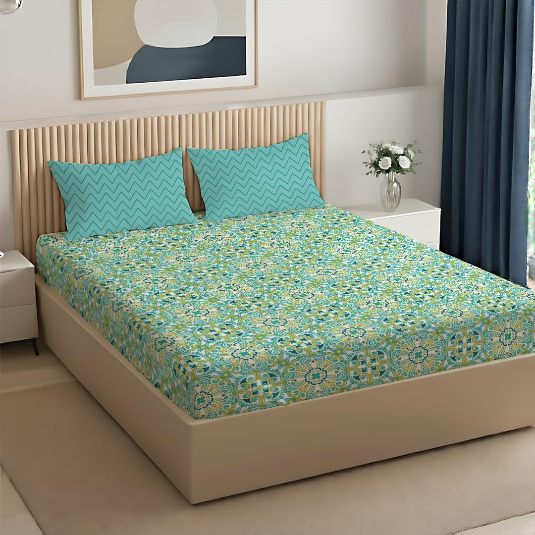 Livspace Super King Size Bedsheet for Double Bed | 108 x 108 Inches Flat Cotton Bedsheet with 2 Pillow Covers | 100% Cotton, 144 TC Soft & Breathable | Pure Nest Collection by Bello (Teal)-picture-11
