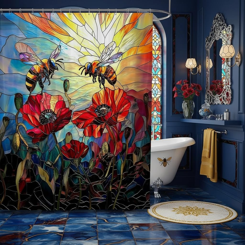 Rideau de douche abeille et coquelicots style vitrail rustique imperméable 183 cm