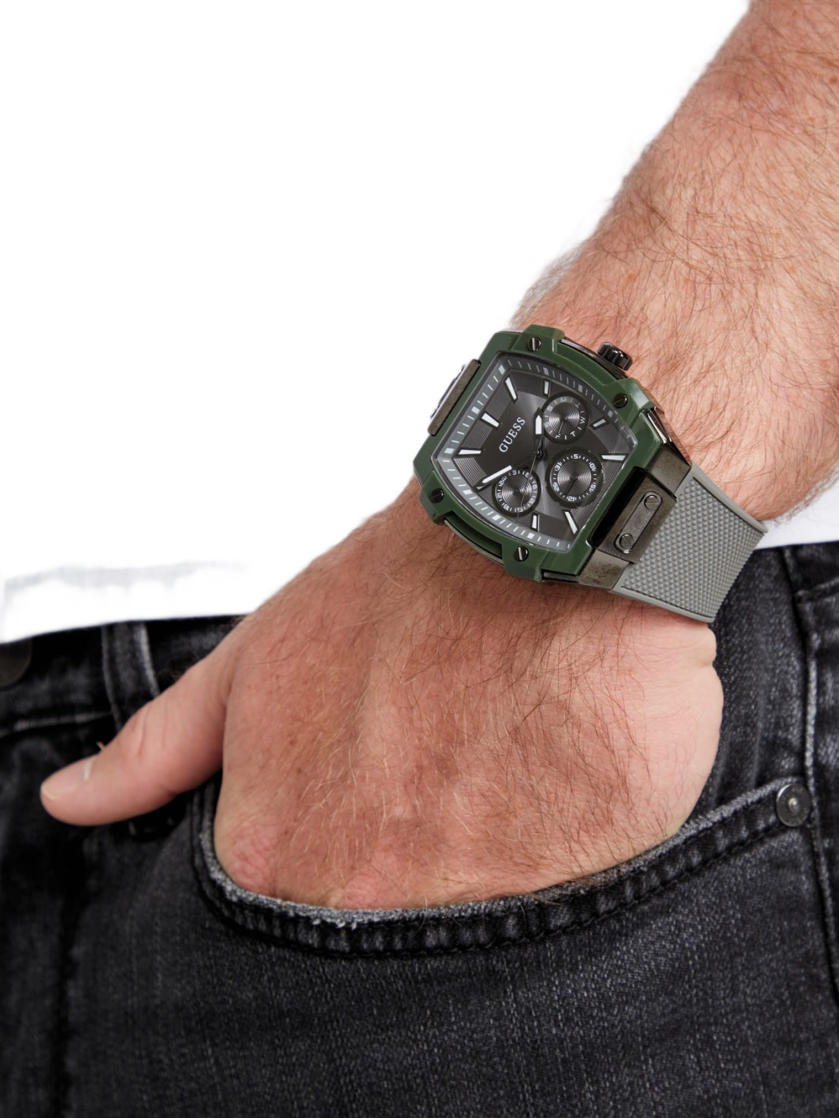 Guess Phoenix GW0956G3 - Reloj de Pulsera para Hombre, Acero Inoxidable, 44 mm, Correa de Silicona, Color Gris, 5 Bar, Esfera Gris