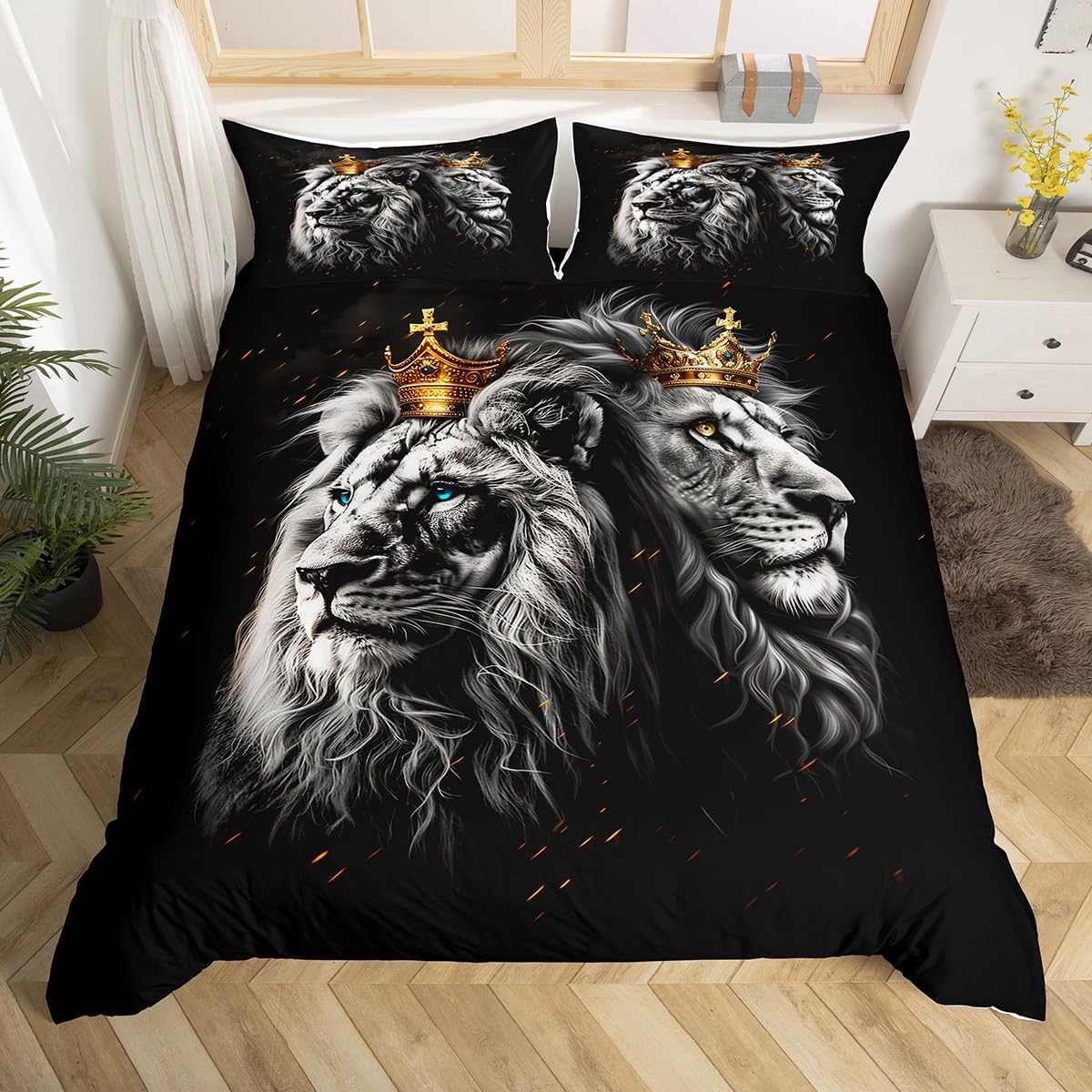 Manfei Wild Lion Duvet Cover,African Wildlife King Animal Quilt Cover(No Filler),Inspirational Quotes Artwork Bedding Set with 2 Pillowcases,Brown Black Teens Room Decor,Queen Size
