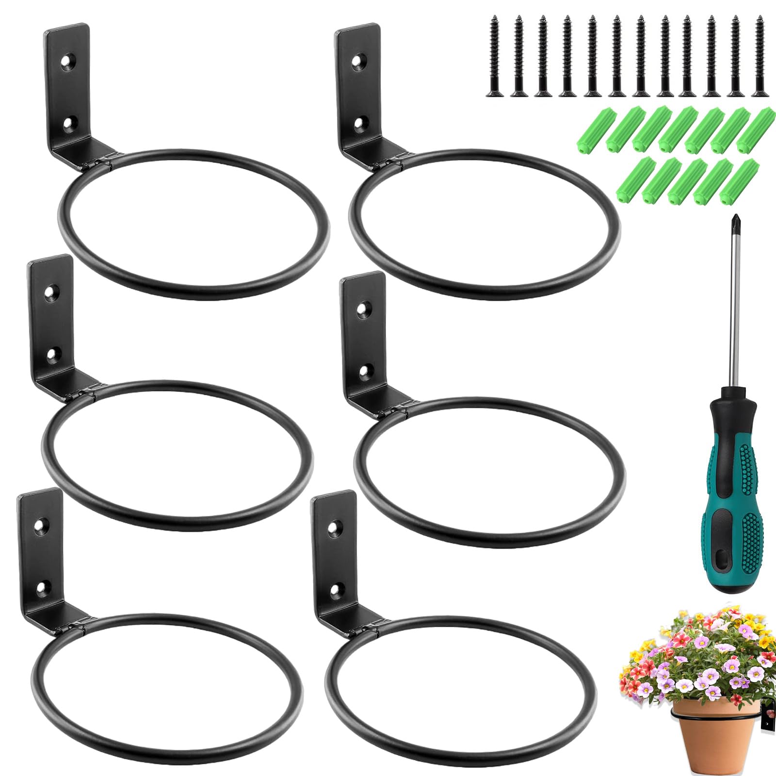 Soporte de Pared para Plantas, 6 Piezas Soporte de Pared para Plantas de 15 cm, Anillo metálico para Montaje en Pared, con Tornillos y Destornillador, para macetas, jardín, balcón, Negro