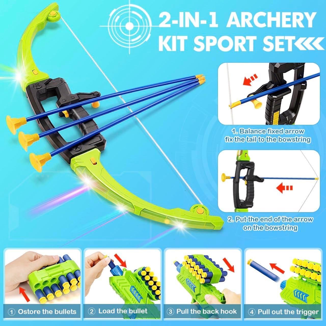 2 Pack Bow and Arrow Toy for 5 6 7 8 9 10+ Year Old Boys, Ideal Gift for Kids, Indoor Outdoor Shooting Game Toy for Ages 4-8 8-12, LED Light Up Archery Set with 12 Suction Cup Arrows