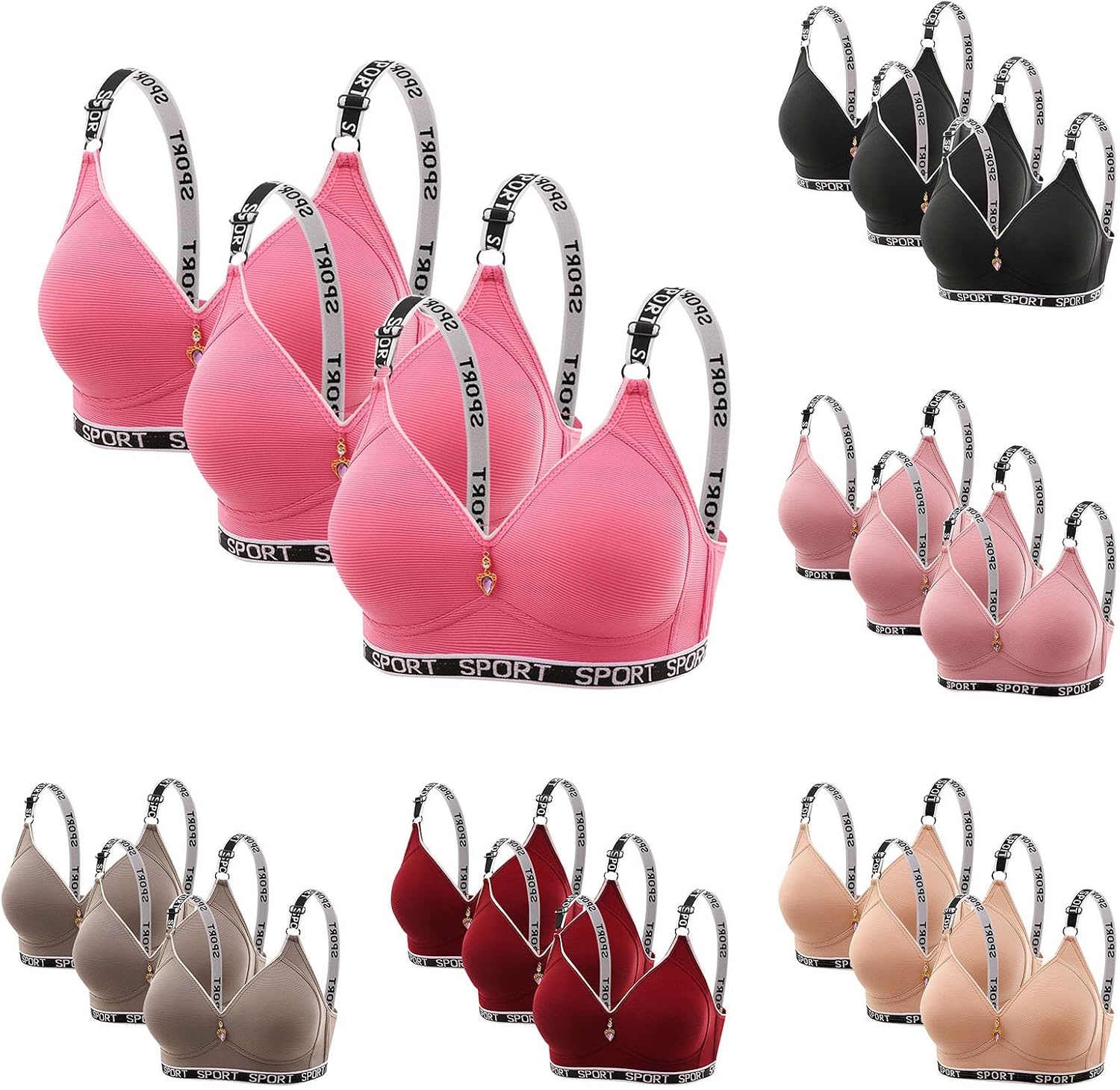 3 Pcs Sports Bras for Women No Underwire Push Up Bra Letter Printed Spaghetti Strap Bra Everyday Bralettes Underwear
