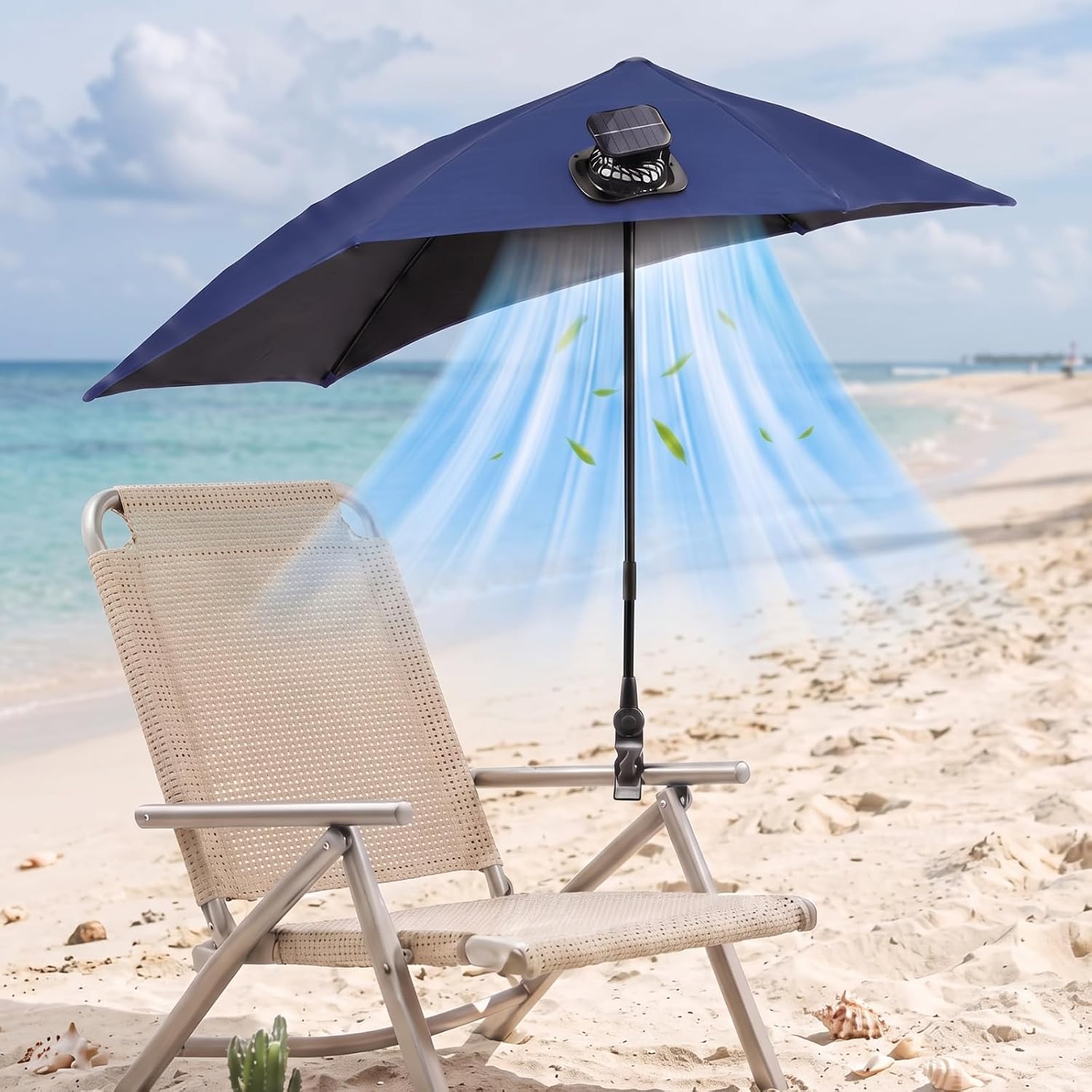 Beach Chair Umbrella with Adjustable Clamp & Solar Fan, UPF 50+