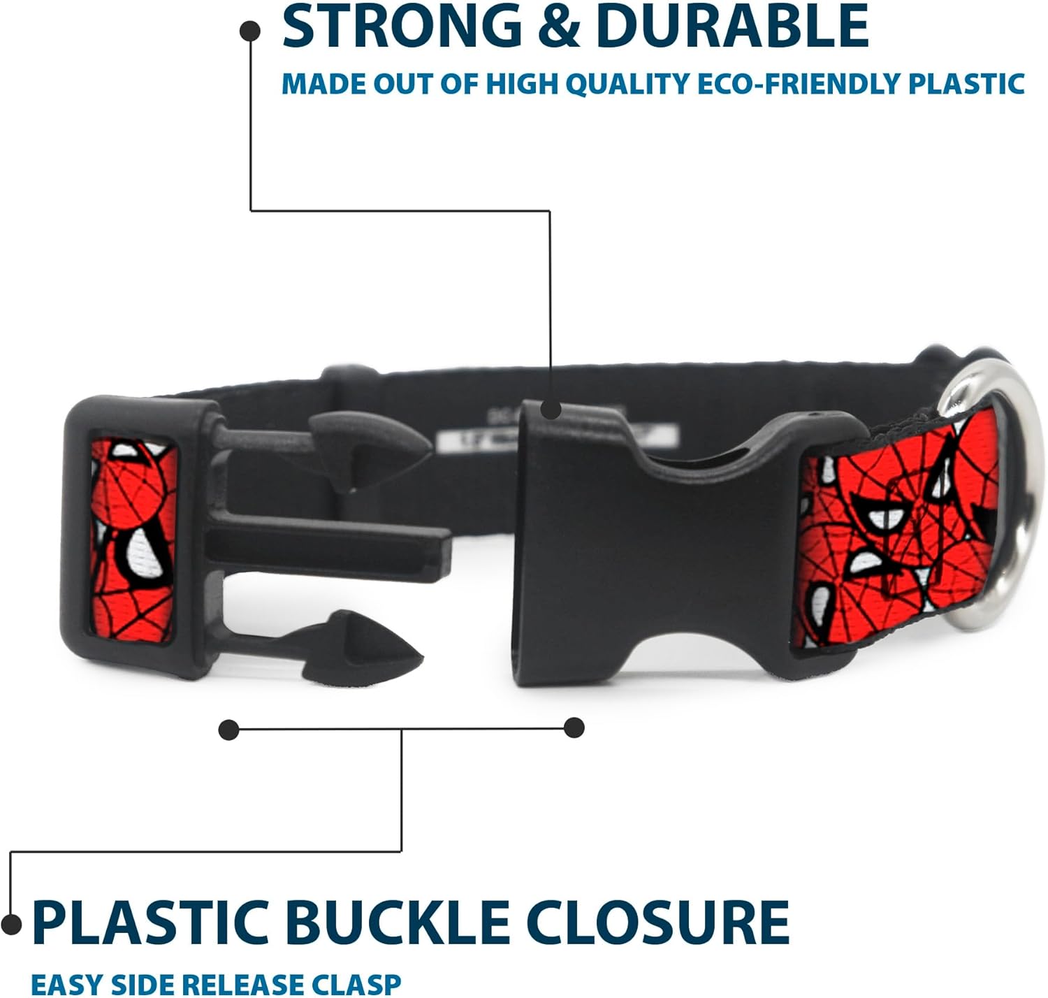 Dog Collar Plastic Clip Spider Man Stacked 18 to 32 Inches 1.5 Inch Wide