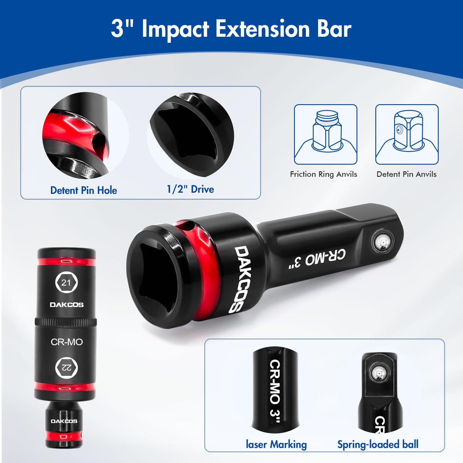 DAKCOS Set di chiavi a bussola a percussione con dado a testa doppia, con barra di estensione da 7,6 cm, sistema metrico 17-19 21-22 mm e SAE 3/4"-13/16", 7/8"-15/16", acciaio Cr-Mo
