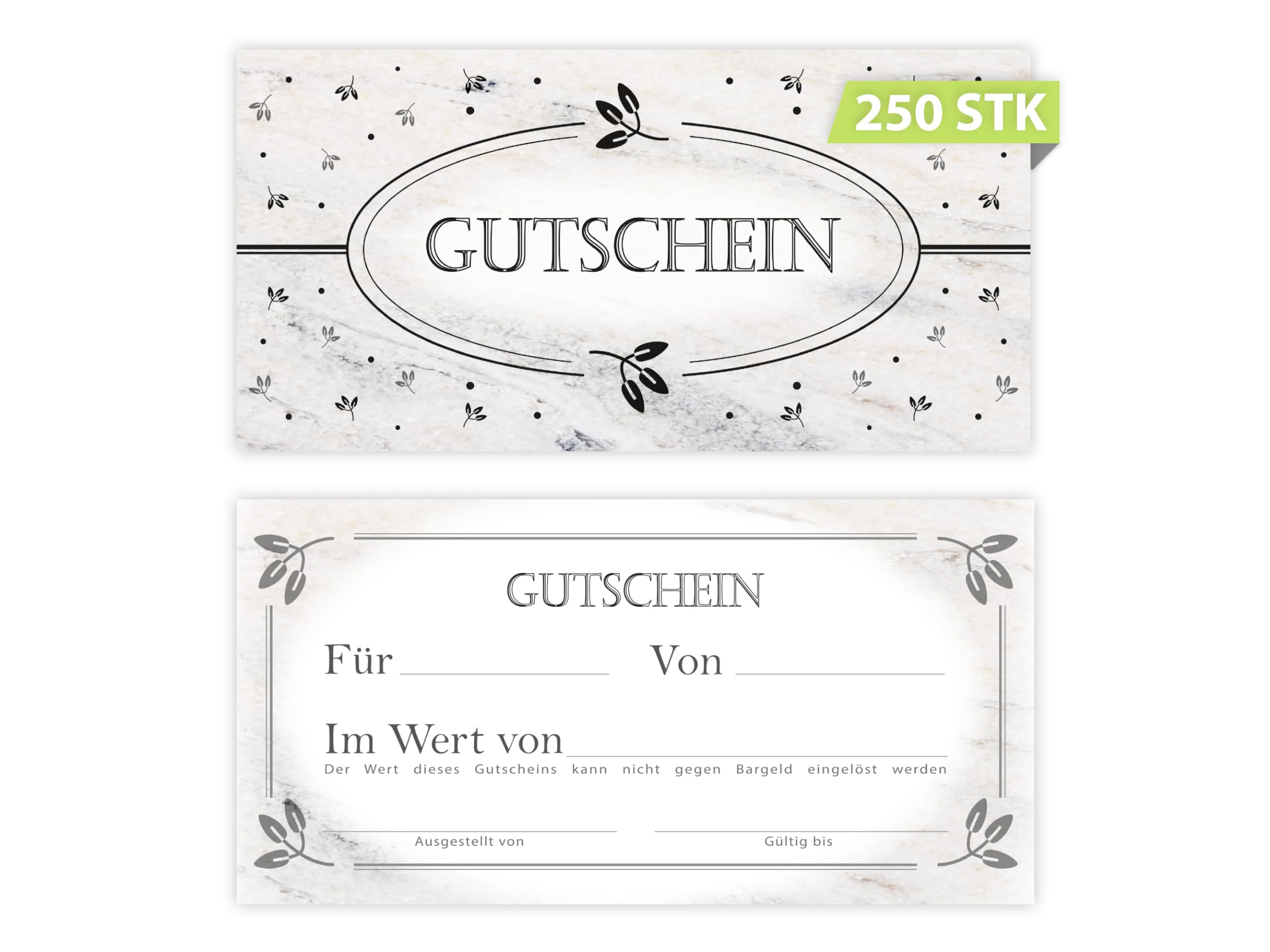 250 Geschenkgutscheine DIN lang plus (21 x 10,5 cm) Elegantes Motiv Vintage Marmor grau schwarz. Blanko Gutscheine zum Ausfüllen Geschenk Karte für Massage Wellness Nagelstudio Beauty Spa