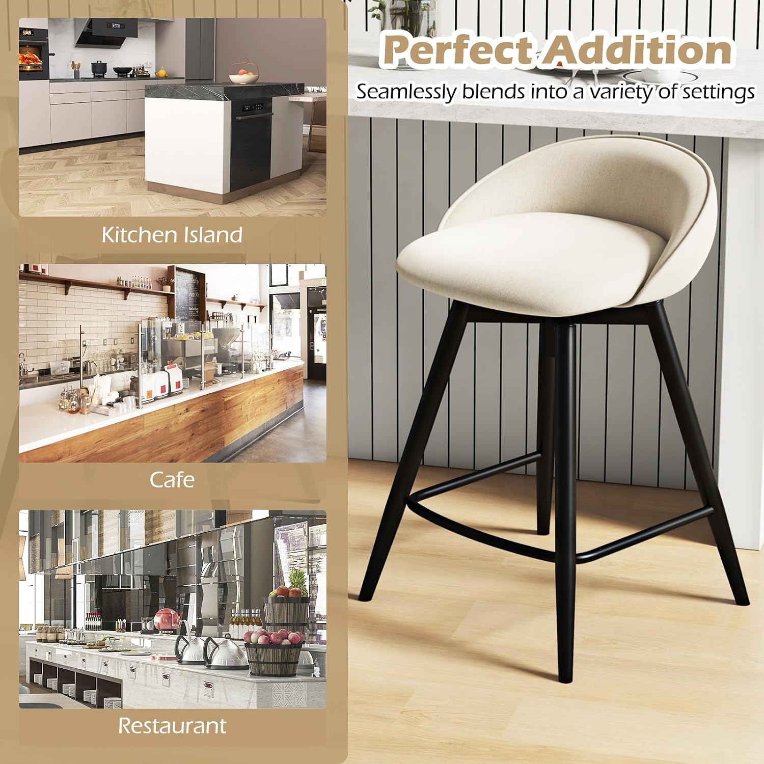 Giantex Swivel Bar Stools Set of 2, 25" Counter Height Bar Chairs with Footrest, Low Backs & Metal Frame, Upholstered Line Fabric Barstools for Kitchen Island, Cafe & Pub, Beige