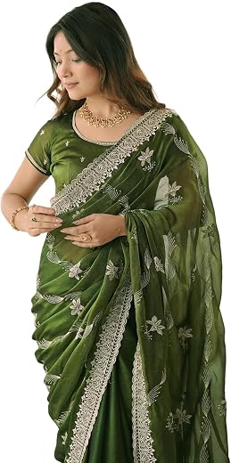 SIRIL Women's Chiffon Embroidery Saree with Unstitched Blouse Piece