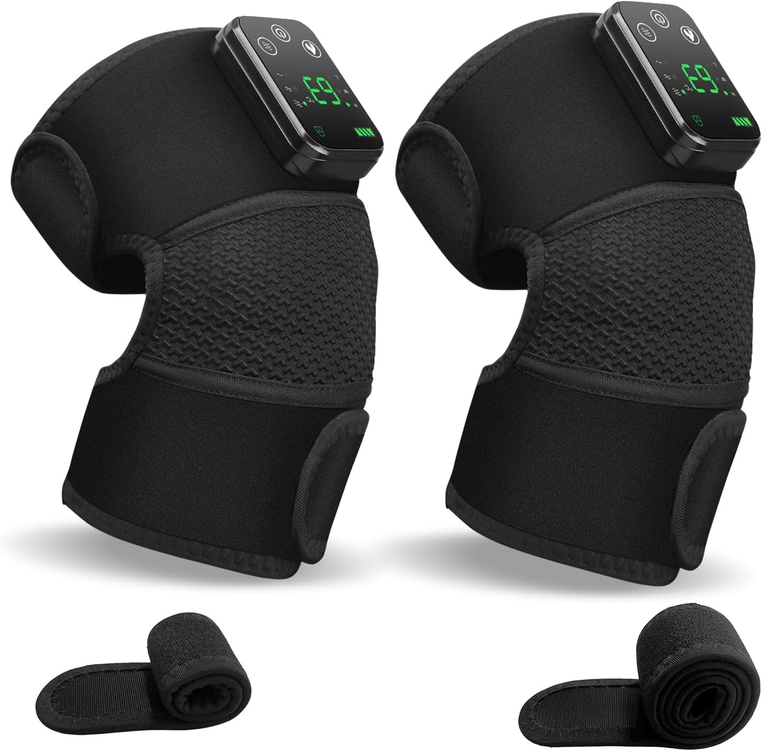 Cordless Knee Massager with Heat and Vibration for Pain Relief - Electric Heated Knee Brace Wrap with 3 Heat Levels & 3 Massage Modes, Portable Arthritis Joint Therapy for Men & Women (Black,Pair)