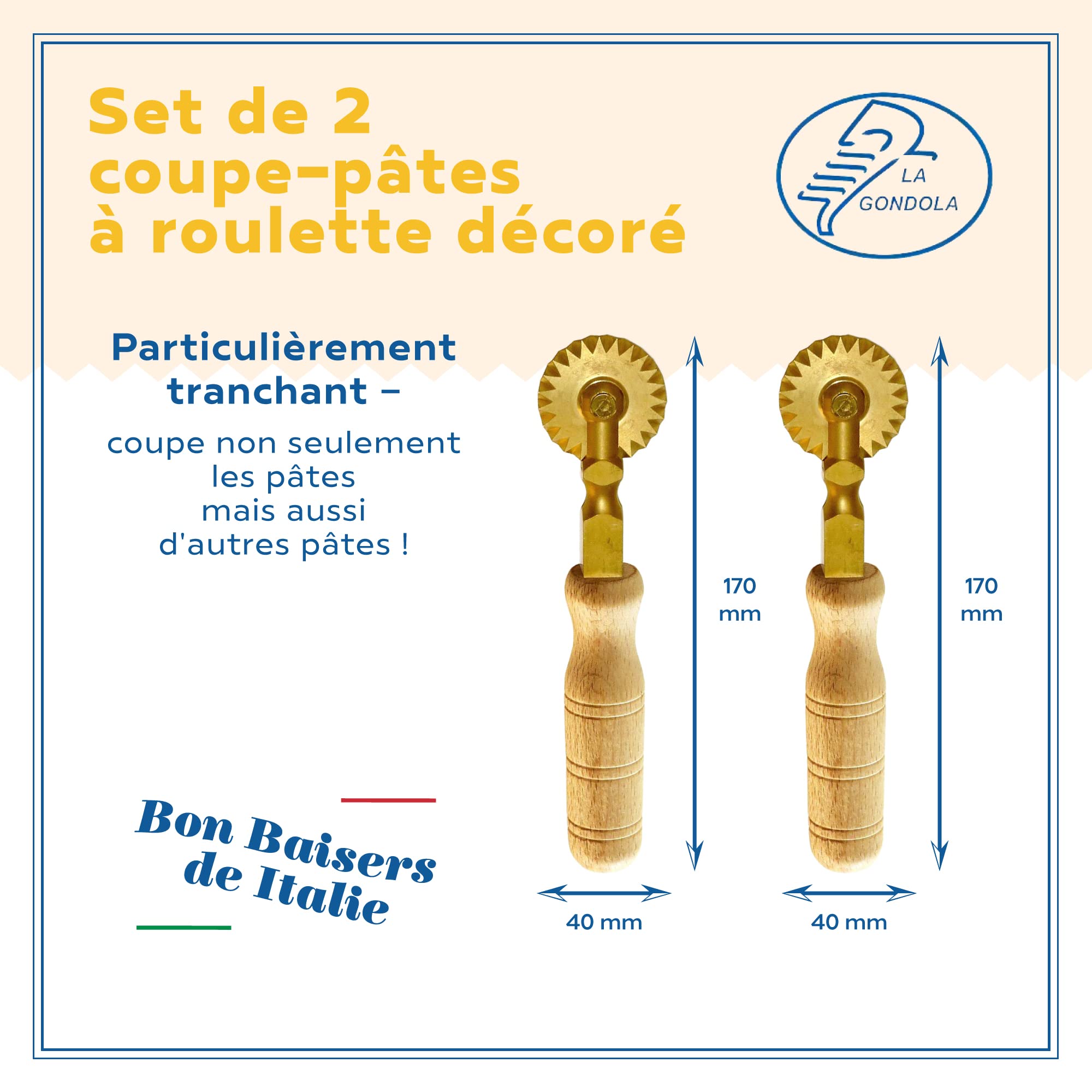 La Gondola Lot de 2 Roulettes Coupe-Pâtes - 2 Roues Décoré | Outils de Préparation des Pâtes | Laiton & Bois Naturel Roulettes Découpe | Sûr et Facile | Roulettes à Ravioli Fabriqué en Italie