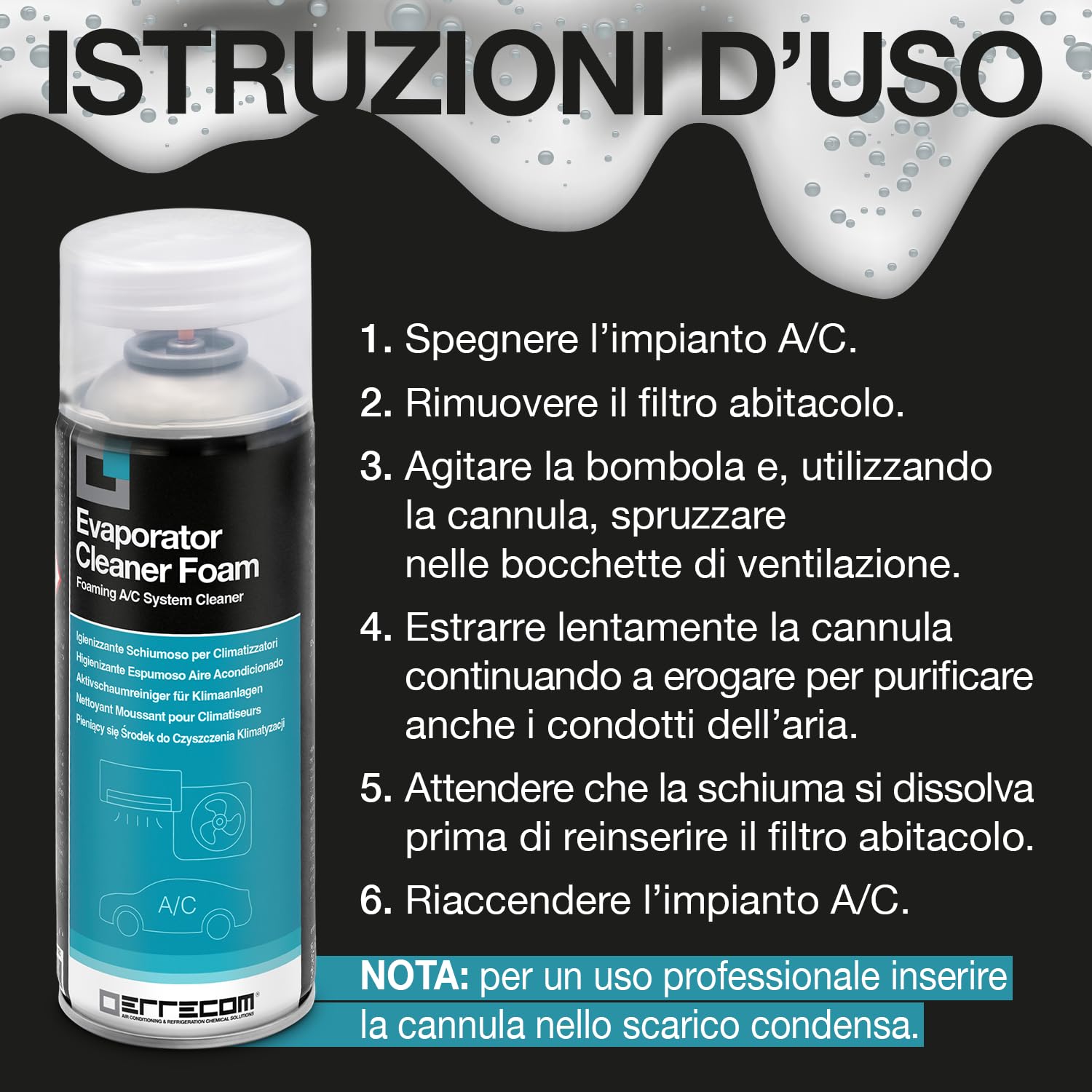 Errecom Evaporator Cleaner Foam – Pulitore Schiumoso per Climatizzatore Auto con Cannula Lunga | Alta Aderenza | Rimuove Sporco e Odori | Anche per Climatizzatore Casa | 12 x 400 mL