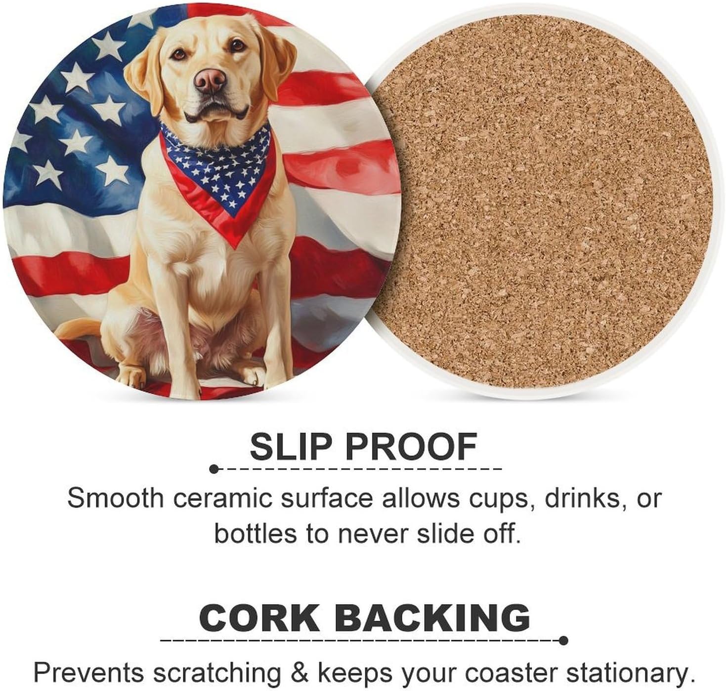 Labrador Dog U.S. Flag Funny Round Ceramic Coasters for Drink Absorbent Cup Holders Tabletop Protection
