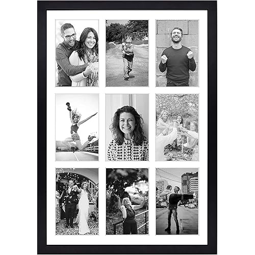 Golden State Art, 13.6x19.7 Black Photo Wood Collage Frame with Real Glass and White Displays (9) 4x6 Pictures