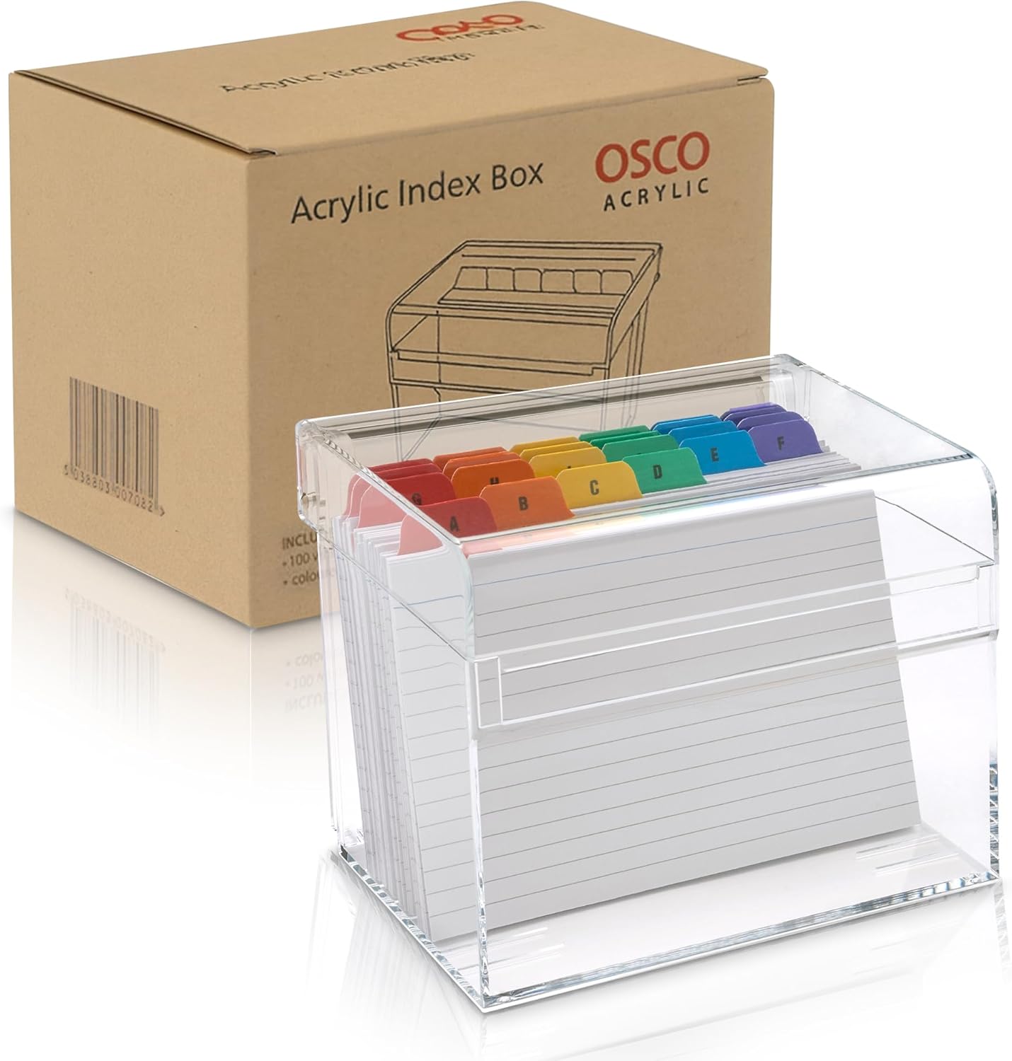 OSCO Medium Clear Acrylic Index Box, A to Z Divider Tabs, 100 Lined Note Cards, 5" x 4", Ruled Revision Flash Cards, Recipe Notes, Office Contacts Filing, Desktop Organiser